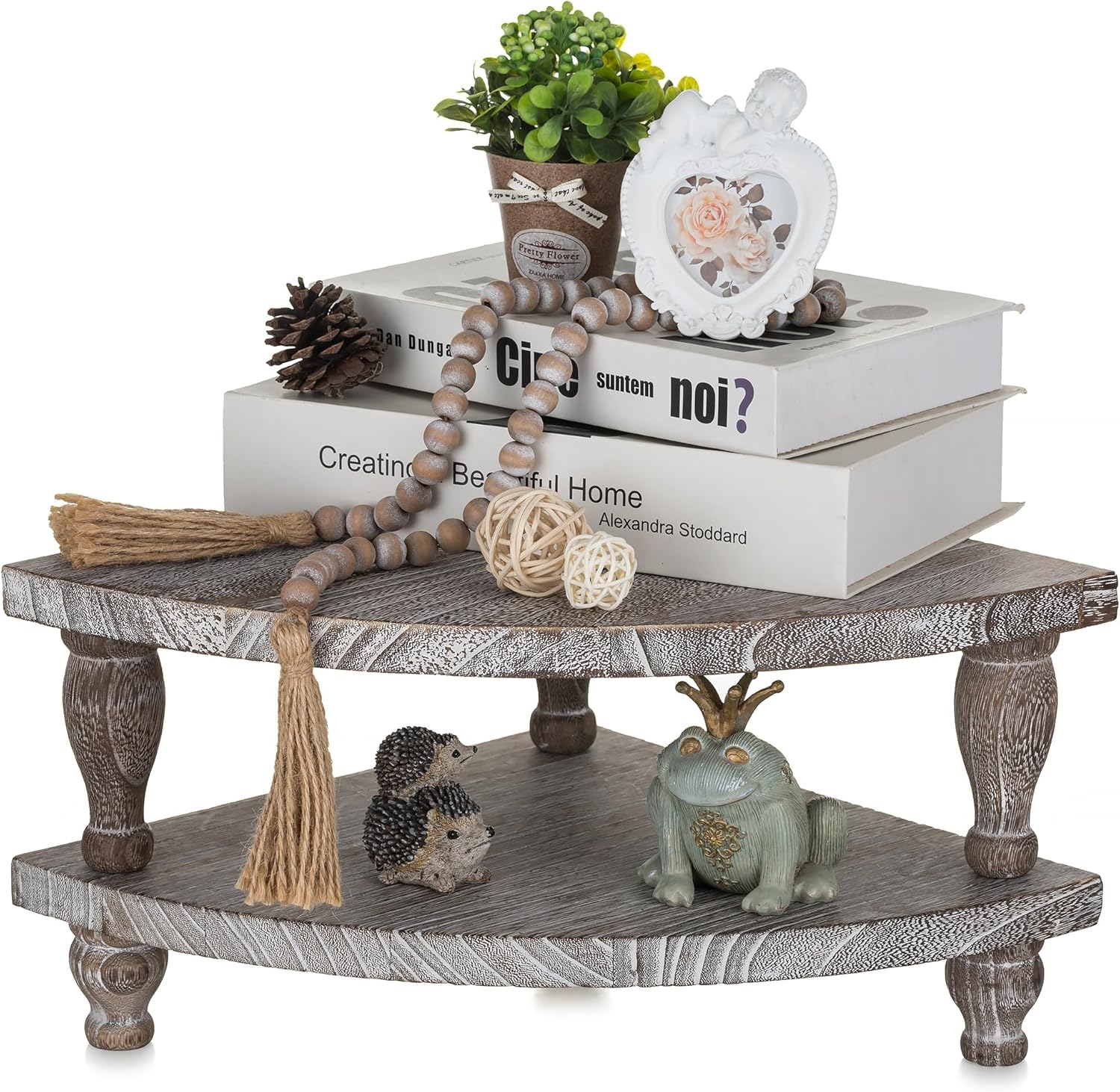 Hanobe Elevador de madera para mostrador de esquina bandeja decorativa rústica, juego de 2 soportes de pedestal de madera para exhibición, bandejas