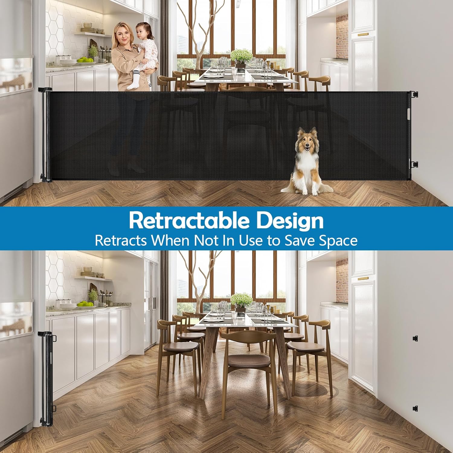 Puertas retráctiles para bebés de 90 pulgadas, puerta extra ancha para perros, puerta retráctil para exteriores, puerta larga para bebés para
