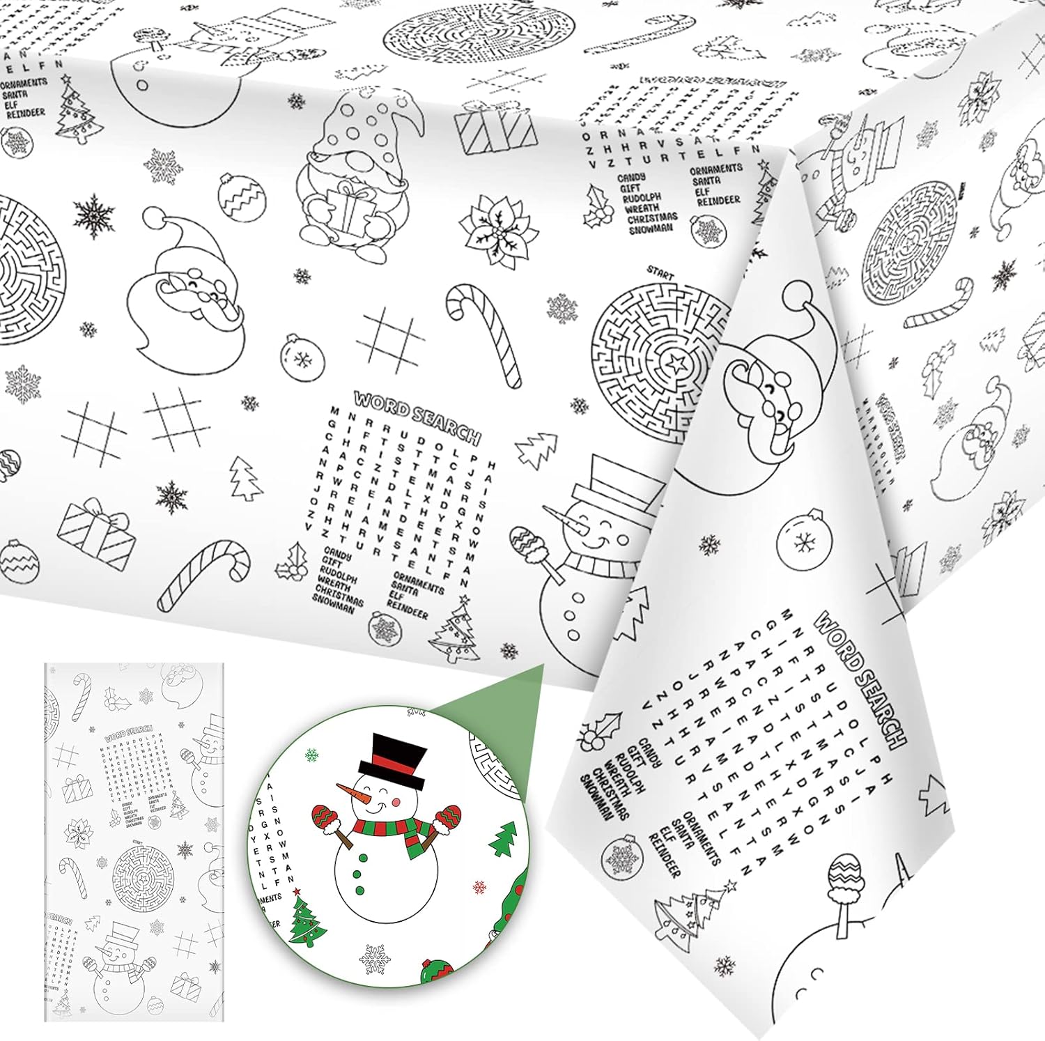 1 mantel de papel de actividades navideñas, mantel desechable de papel de Papá Noel, muñeco de nieve, gnomo, para niños, Navidad, invierno,