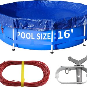 Cubierta redonda para piscina con cuerdas, para piscinas sobre el suelo, resistente a los rayos UV, a prueba de polvo, impermeable, azulnegro (solo Cubierta redonda para piscina con cuerdas, para piscinas sobre el suelo, resistente a los rayos UV, a prueba de polvo, impermeable, azulnegro (solo