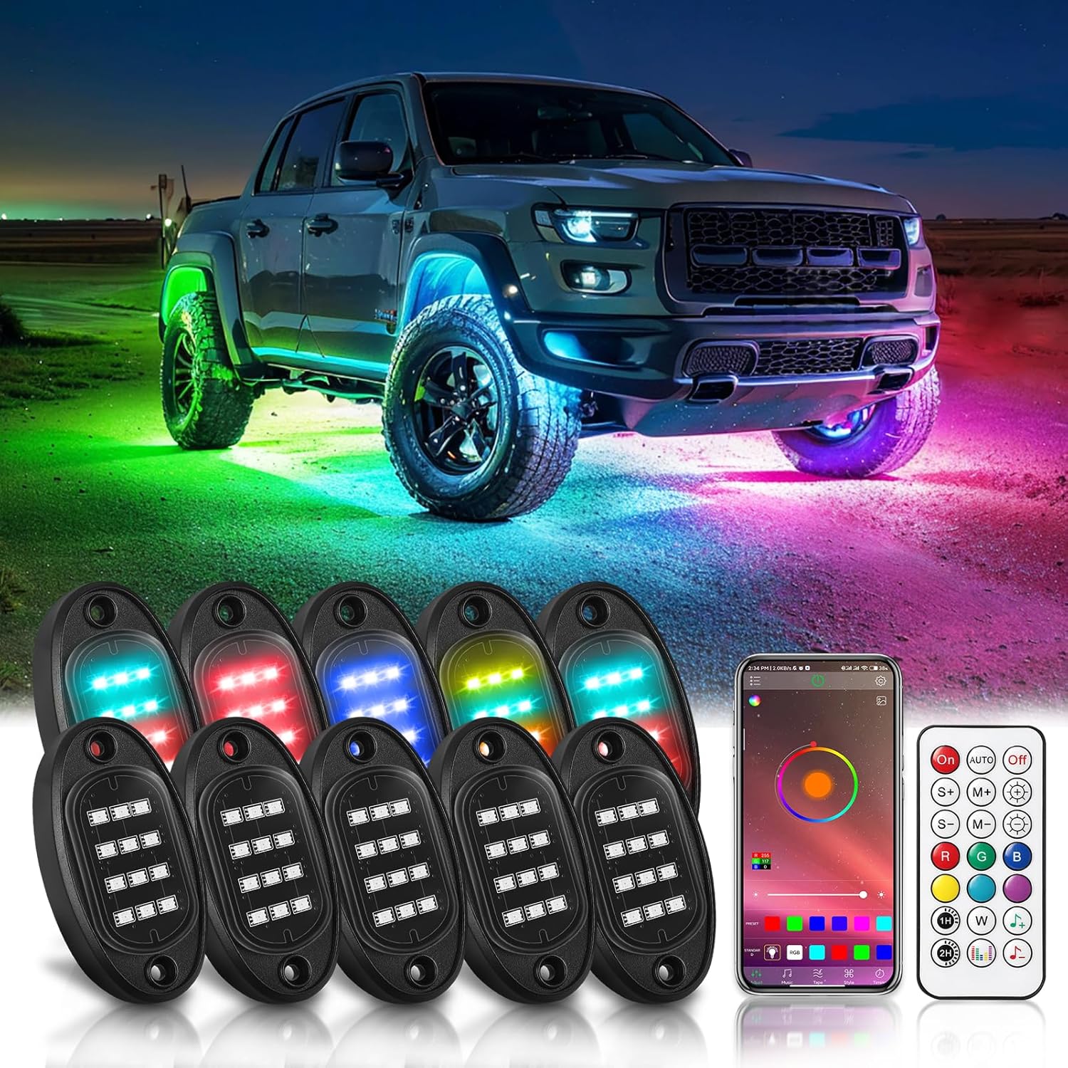 Chasing Dreamcolor RGB+IC LED Rock Lights con APPRF Remote, 10Pods Magic Underglow Rocker Lights Multicolor Neon 12V Vehículo impermeable para