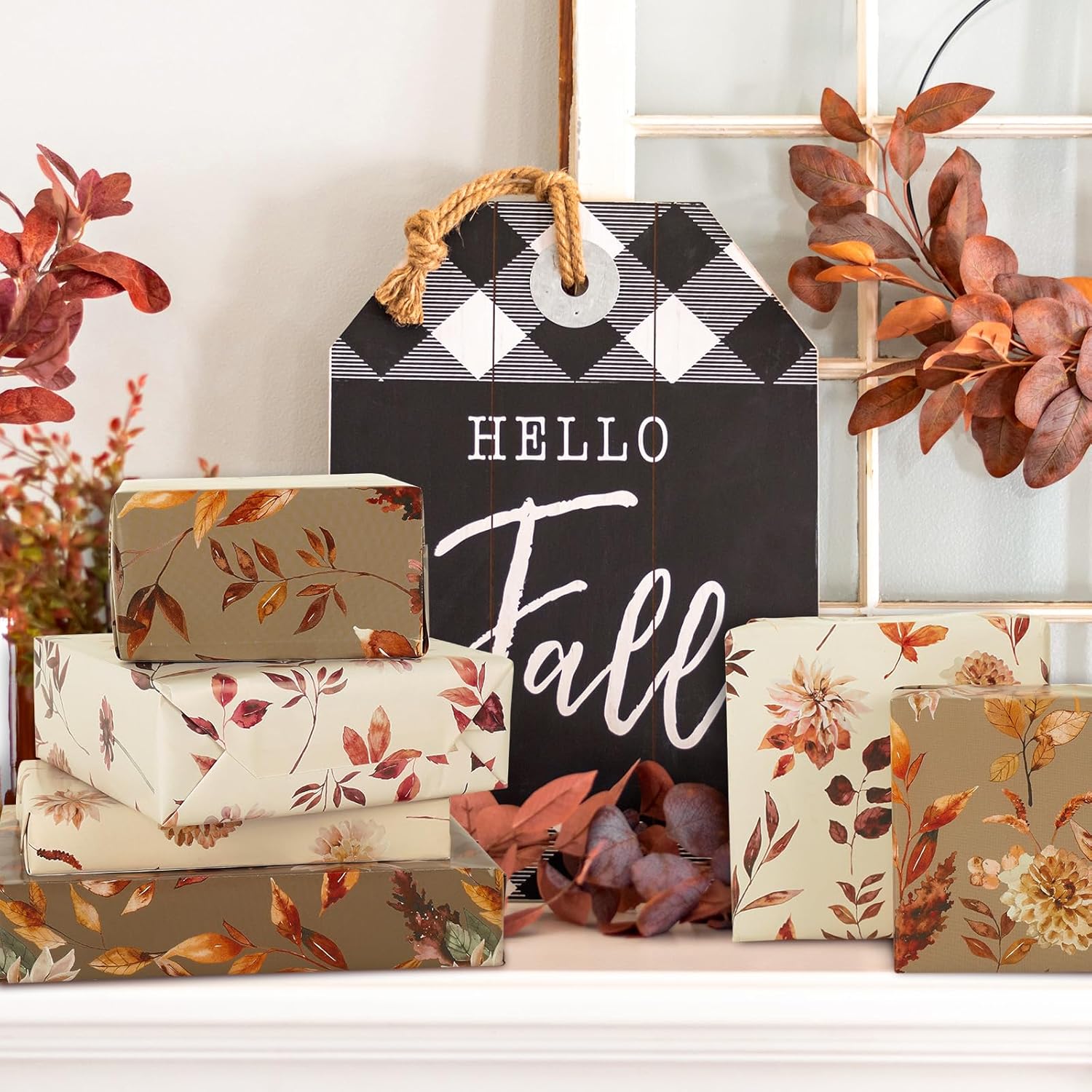 AnyDesign 12 hojas de papel de regalo de otoño con hojas florales de otoño, papel de regalo plegado a granel, papel de arte vintage plano para