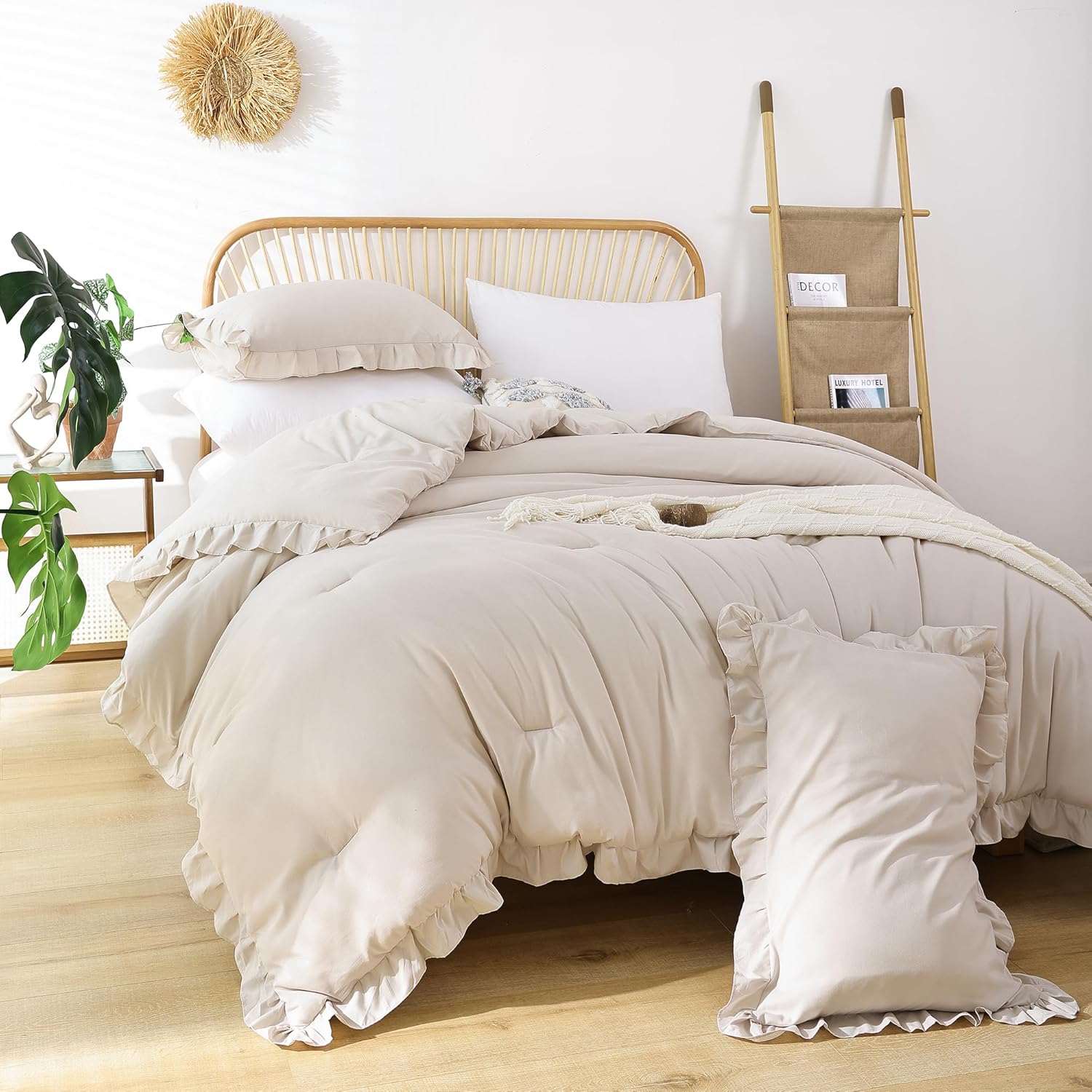 JANZAA – Juego de 1 edredón acolchado tamaño queen y 2 fundas de almohada, con volantes, suaves, de estilo vintage, shabby chic para todas las