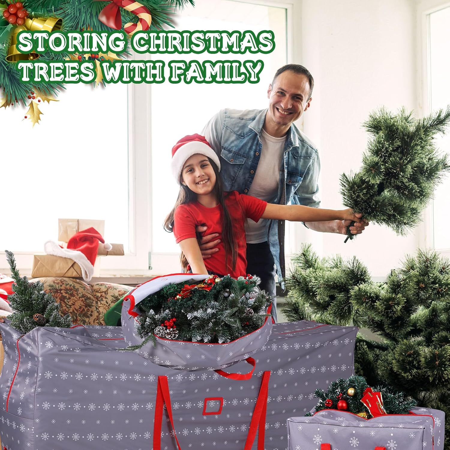 Juego de 3 bolsas de almacenamiento para árbol de Navidad de 65 x 30 x 15 pulgadas, bolsa de almacenamiento de corona de Navidad de 30 pulgadas,