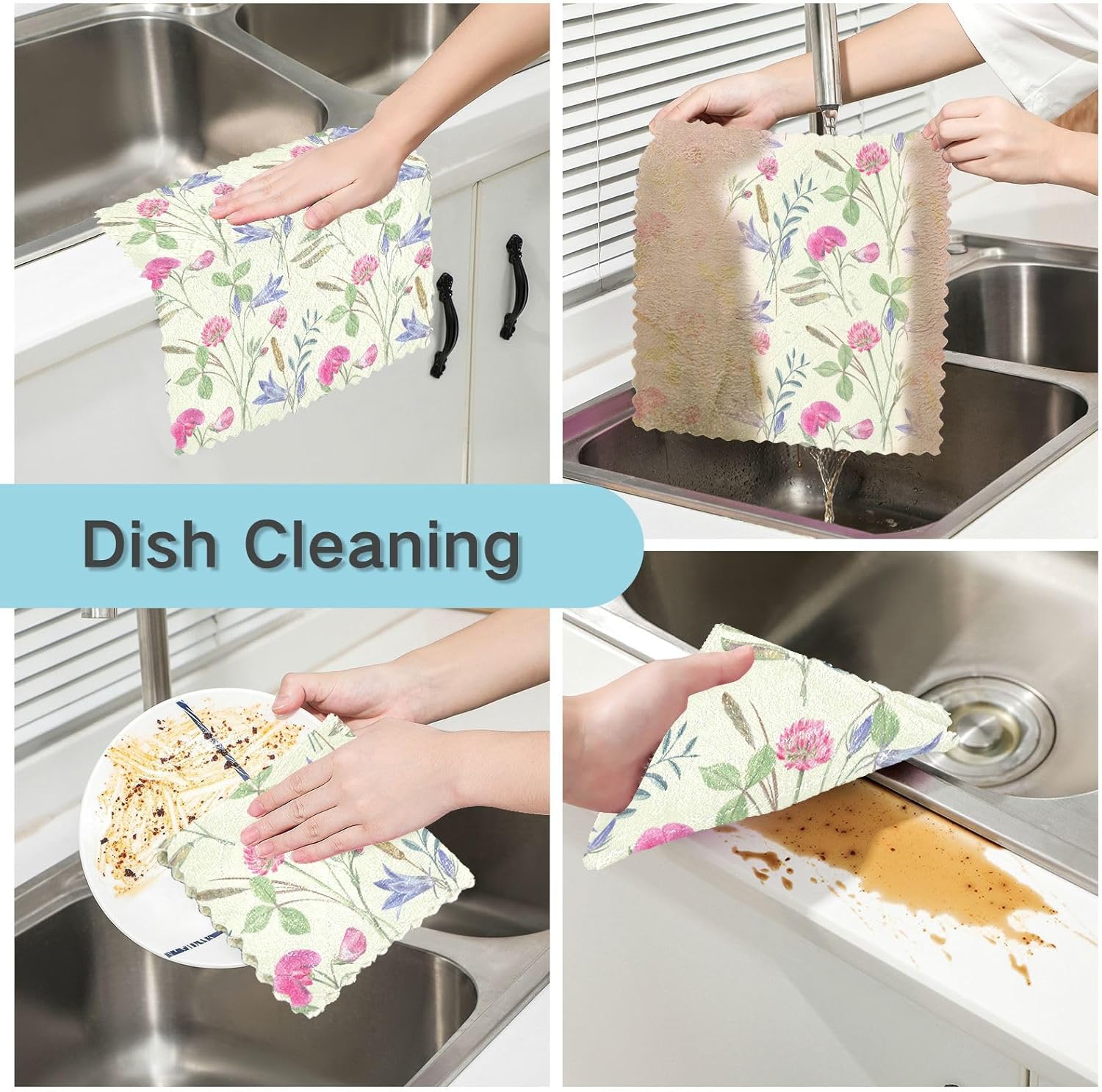 Pink Purple Wildflowers Industrial Cotton Print Microfiber Kitchen Towels Fast Drying Set of 6 Microfiber Absorbant Towel for Countertop