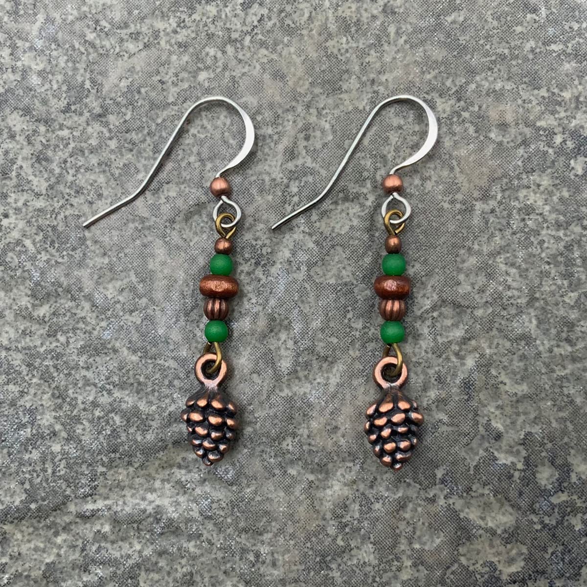 Adorable Little Copper Pinecone Earrings in Earthy Forest Colors Green and Wood Beads Winter Nature Jewelry Fall Autumn Holidays Christmas Mountains