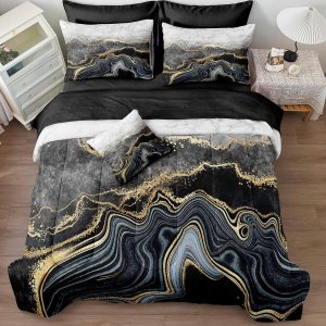 Move Over Juego de cama en una bolsa de mármol negro y dorado, tamaño Queen, 8 piezas, juego de ropa de cama de mármol abstracto, estilo moderno, Move Over Juego de cama en una bolsa de mármol negro y dorado, tamaño Queen, 8 piezas, juego de ropa de cama de mármol abstracto, estilo moderno,