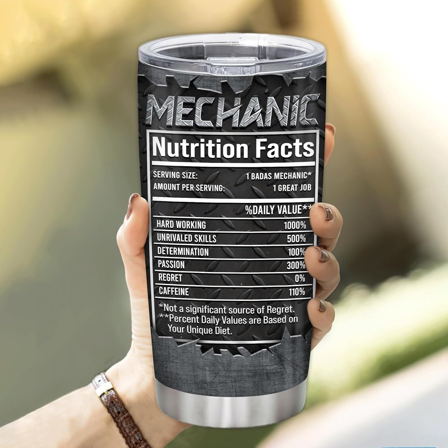 Hyturtle Regalos de mecánico personalizados para hombres, datos nutricionales del mecánico, vasos de acero inoxidable con nombre, taza de café de 20
