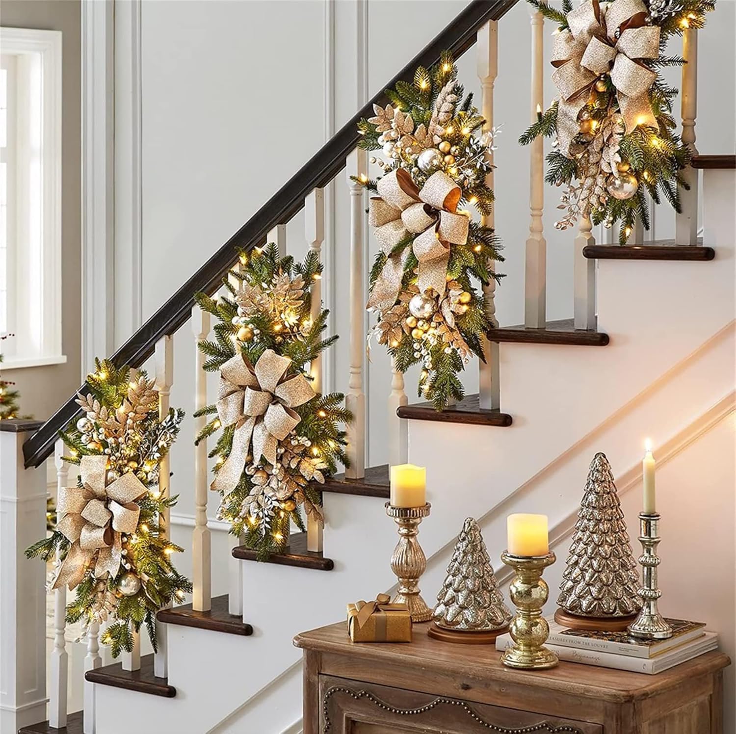 Guirnalda de 30 luces artificiales de Navidad con bolas, decoración rústica para escaleras, puerta delantera, pared