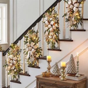 Guirnalda de 30 luces artificiales de Navidad con bolas, decoración rústica para escaleras, puerta delantera, pared Guirnalda de 30 luces artificiales de Navidad con bolas, decoración rústica para escaleras, puerta delantera, pared