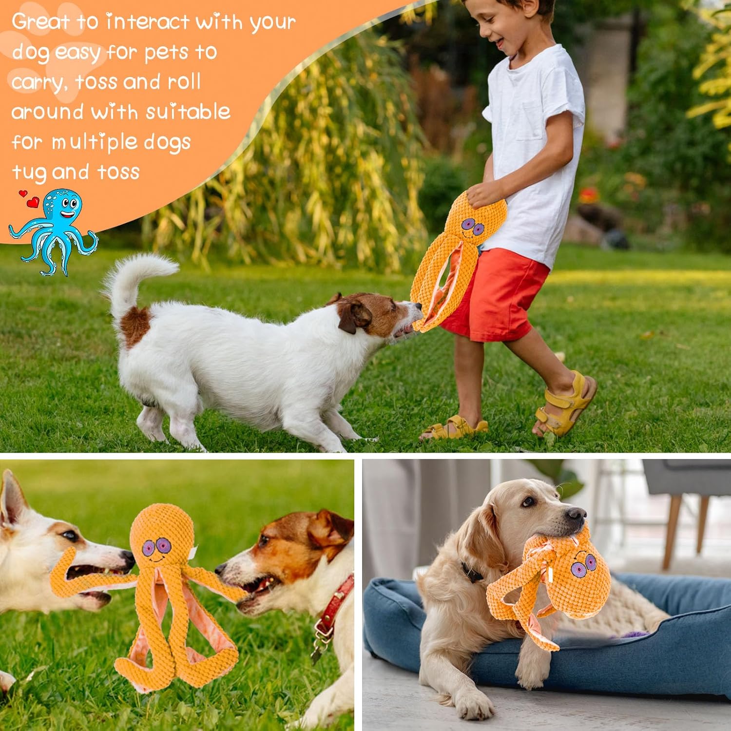 Juguetes chirriantes para perros, juguetes de peluche arrugados para perros grandes, medianos y pequeños, juguetes masticables duraderos de pulpo