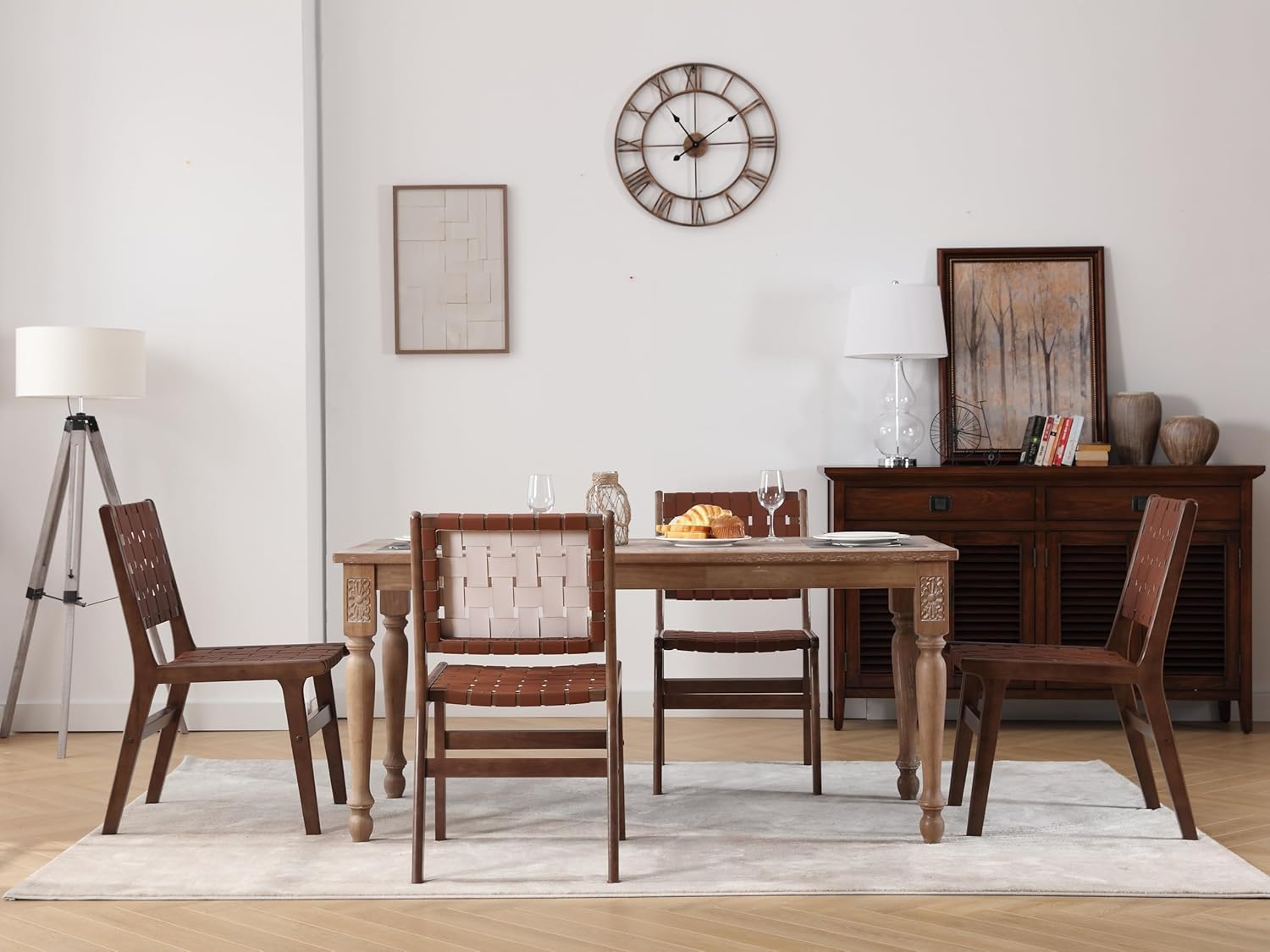 ABET Juego de 2 sillas de comedor de cuero marrón para cocina, sillas de comedor sin brazos de cuero sintético tejido de granja, silla moderna