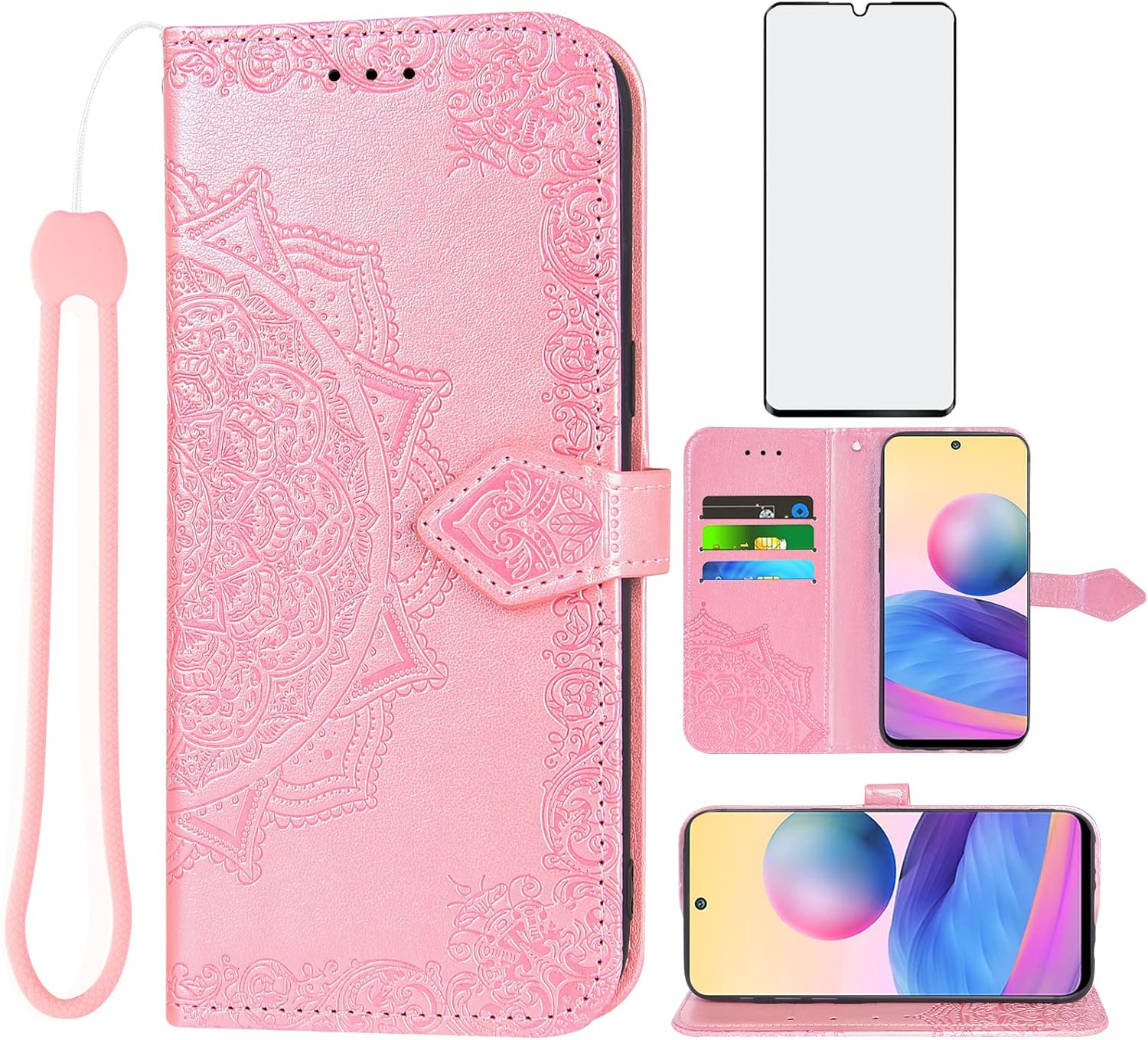 Asuwish Compatible con Xiaomi Redmi Note 10 5G Funda tipo cartera y protector de pantalla de vidrio templado, cubierta abatible, tarjetero,