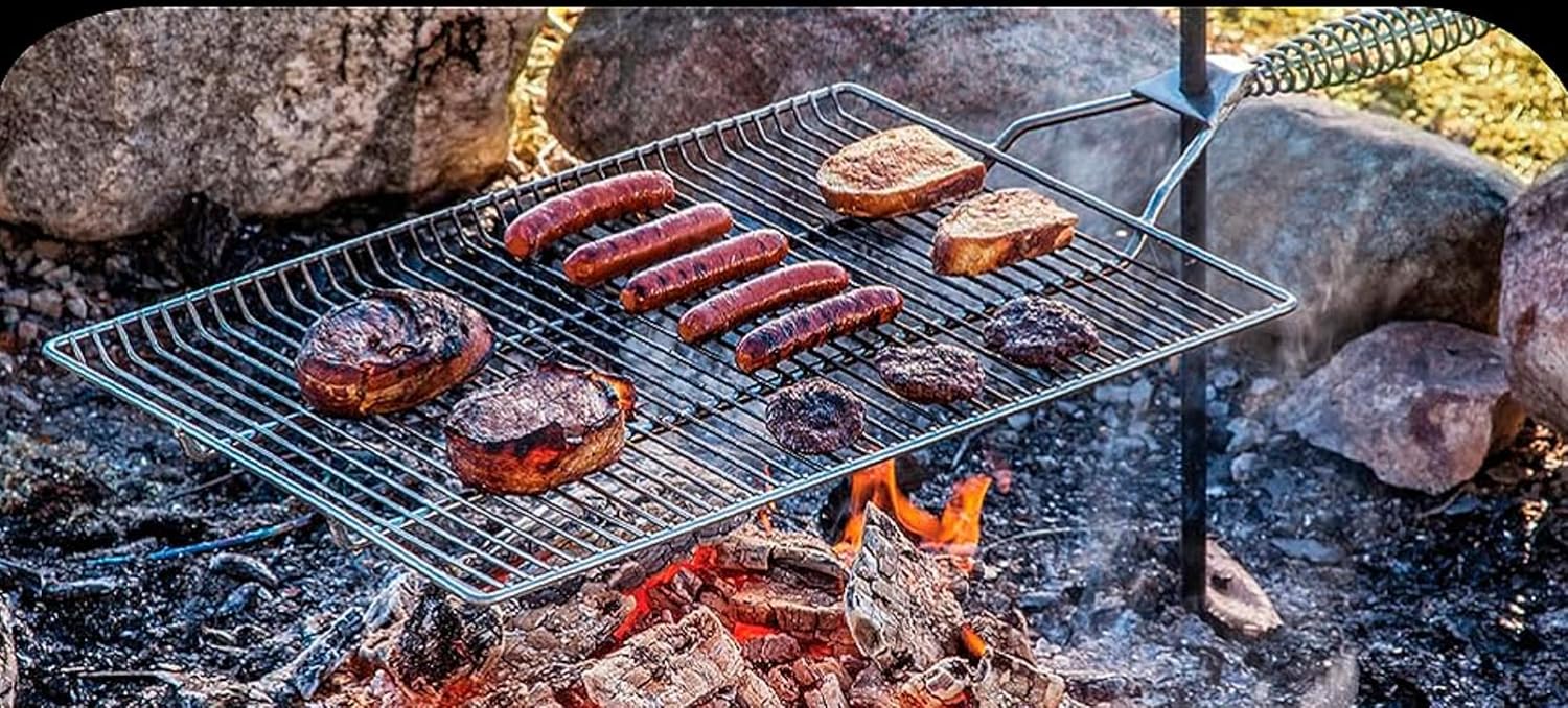 Estaca y parrilla, parrilla de campamento, equipo de cocina a fuego abierto, accesorios para fogatas, rejilla de parrilla de fogata, 15 x 22