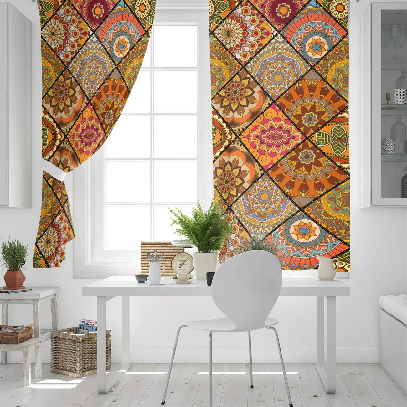 FortuneHouse Blackout Curtains Thermal Insulated Ethnic Style Orange Square Pattern Solid Pattern Metal Grommet Elegant Room Drapes Window Curtain