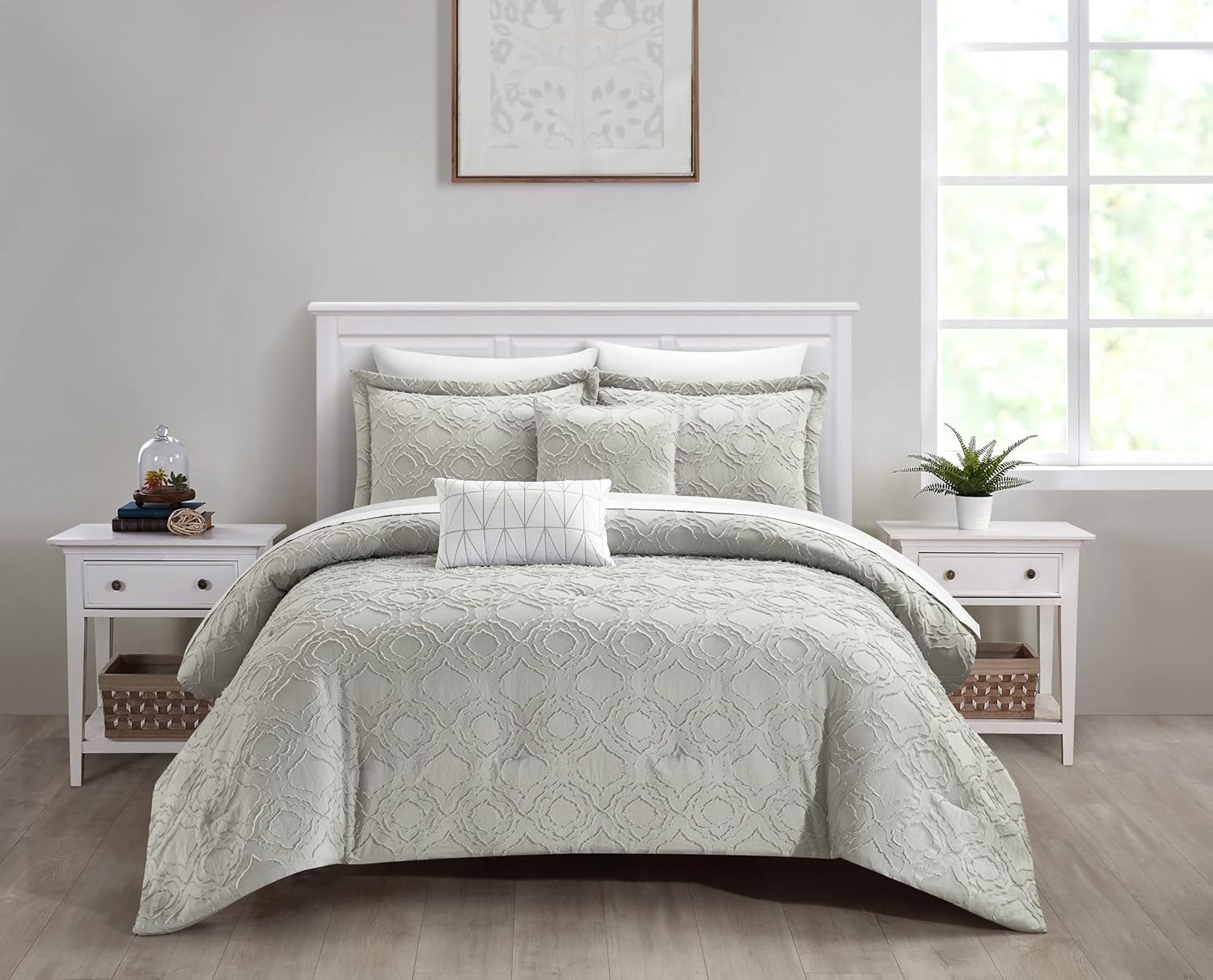 Chic Home Jane – Juego de edredón de 5 piezas con clip, diseño geométrico de cuadrifolio jacquard, fundas de almohada decorativas incluidas, King,