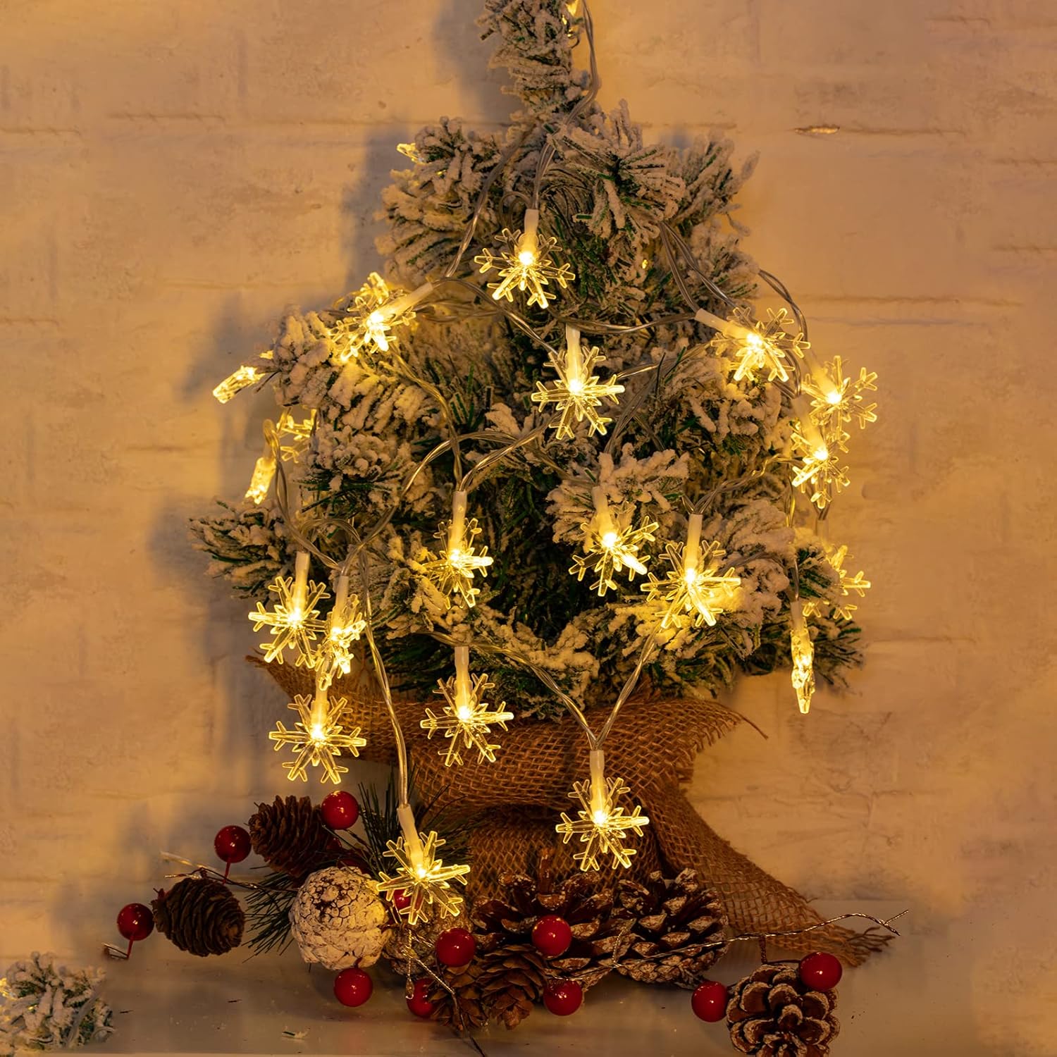Guirnalda de luces solares de copo de nieve de Navidad, paquete de 2 unidades, 100 luces LED de 78 pies para exteriores, impermeables, con 8 modos
