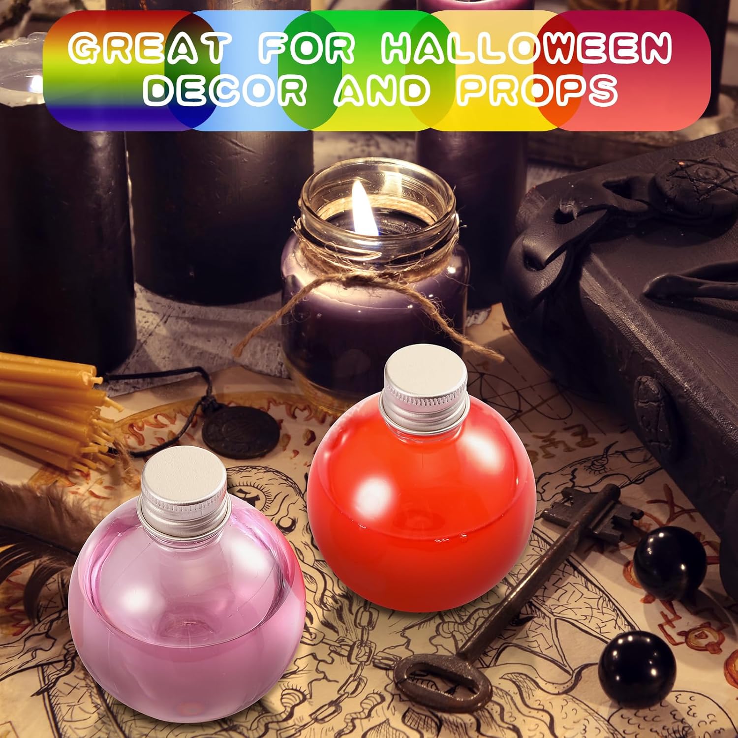 24 botellas esféricas de plástico con forma de bola, botellas redondas de arena de 3.4 onzas con 5 embudos, botella decorativa para dulces para San