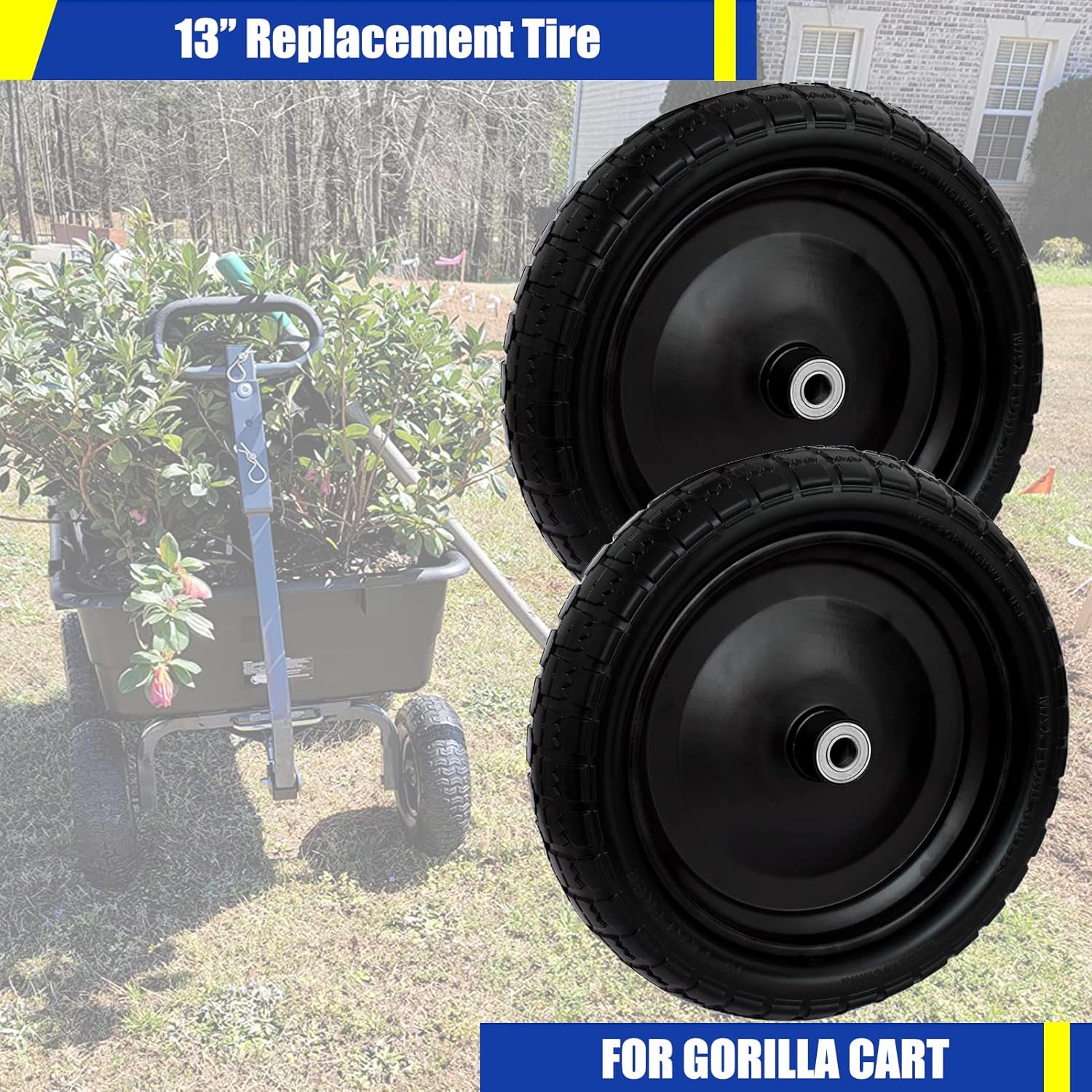 Neumáticos planos de 13 pulgadas para carro, ruedas de poliuretano sólido para carretillas de jardín, con eje de 58 pulgadas, cubo de desplazamiento