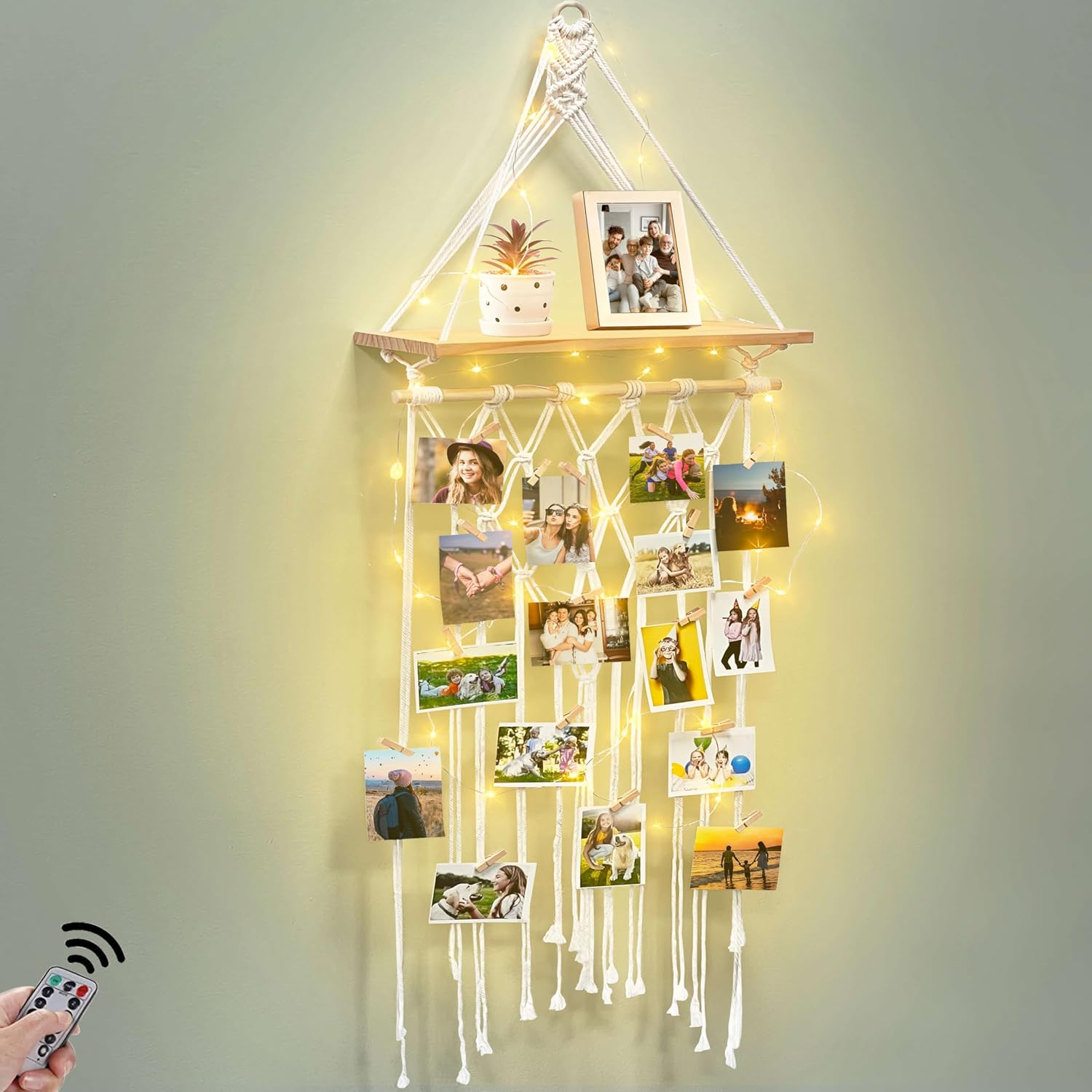 Homecor Estantes colgantes de macramé para decoración de pared, decoración bohemia de habitación, marco de fotos con 30 clips de luz, regalos de