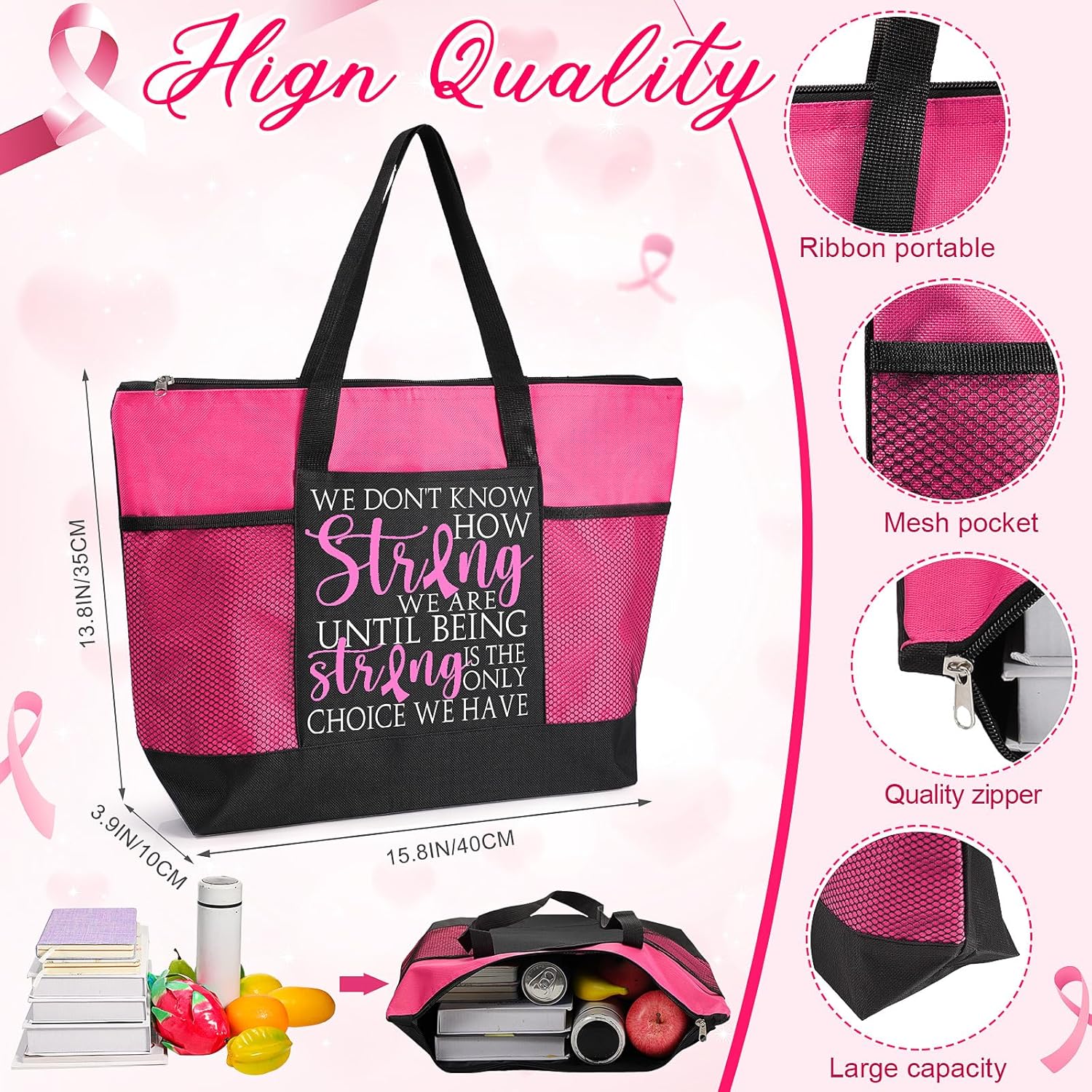 Set de regalo de concientización sobre el cáncer de mama para mujeres, bolsas de mano con letrero de cinta rosa