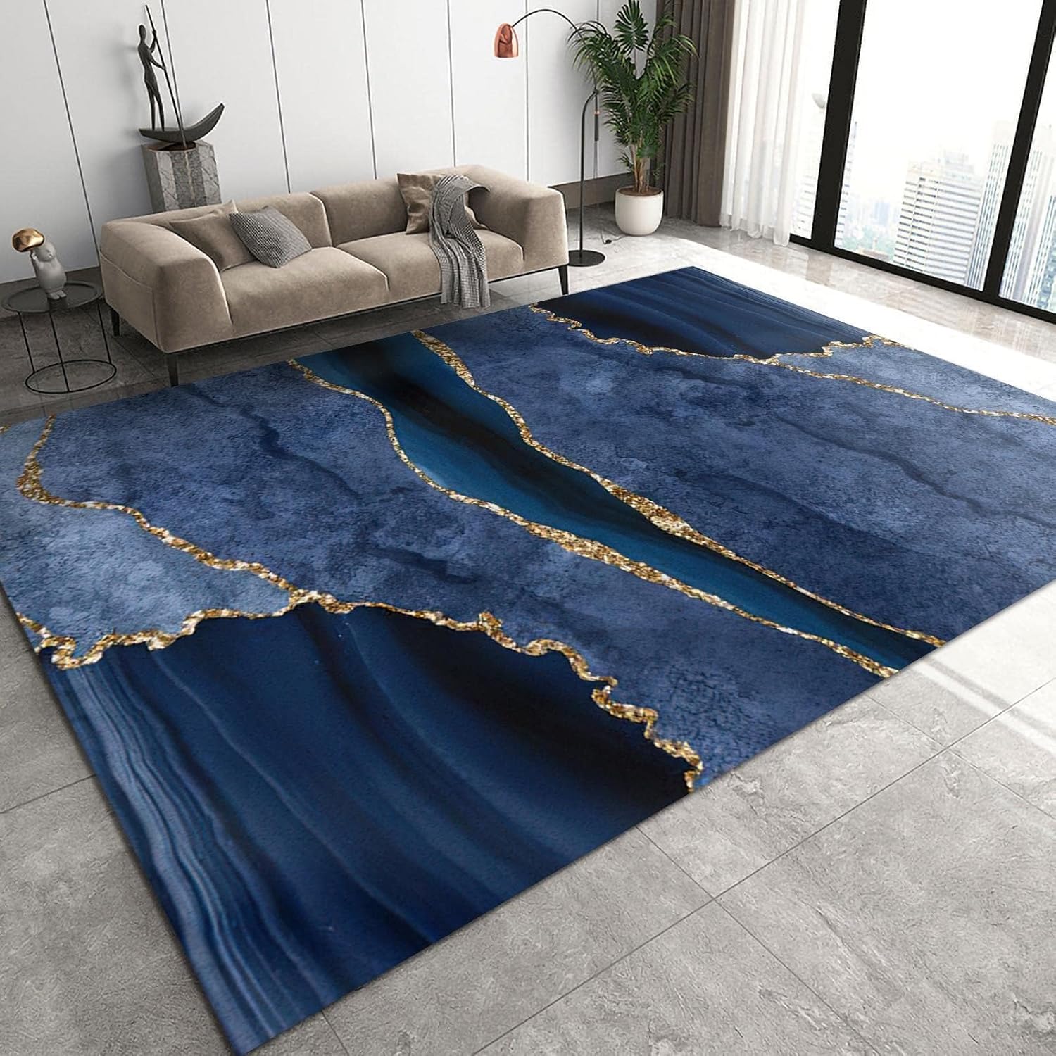 Alfombras de área de mármol azul oscuro, línea dorada abstracta, arte azul, fácil de limpiar, alfombra suave antideslizante para niños,