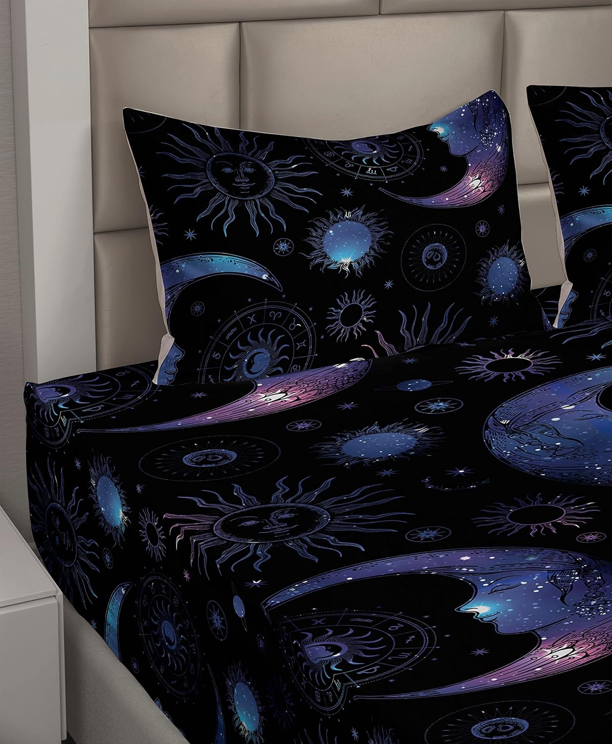 Ambesonne Moon Sheet Set, Galaxy Theme Sun and Crescent Sketch Pattern Modern Colors Boho Art, Fitted and Flat Sheet with Pillowcases Bedding Accent
