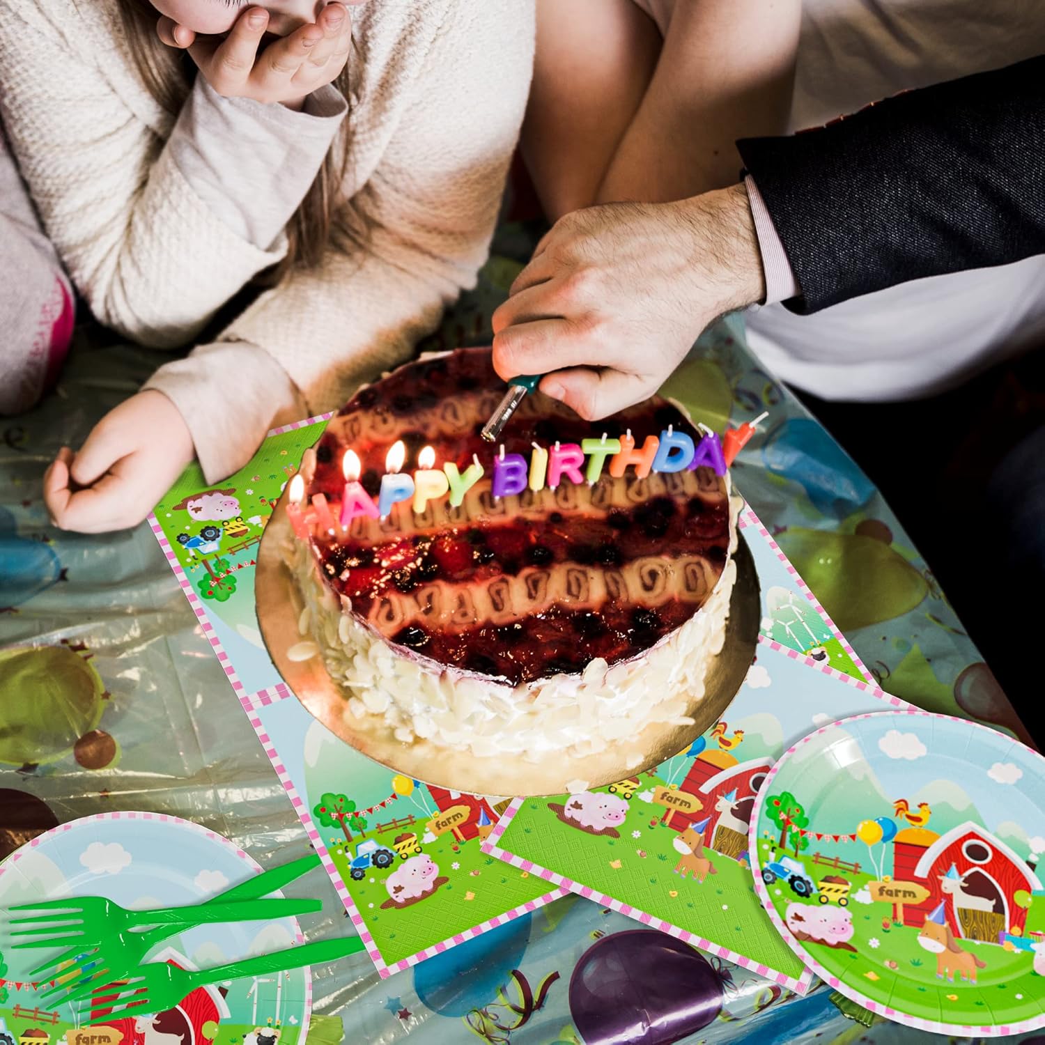 120 piezas de suministros para fiesta temática de granero de animales de granero, juego de vajilla para fiesta de cumpleaños, casa de campo, platos