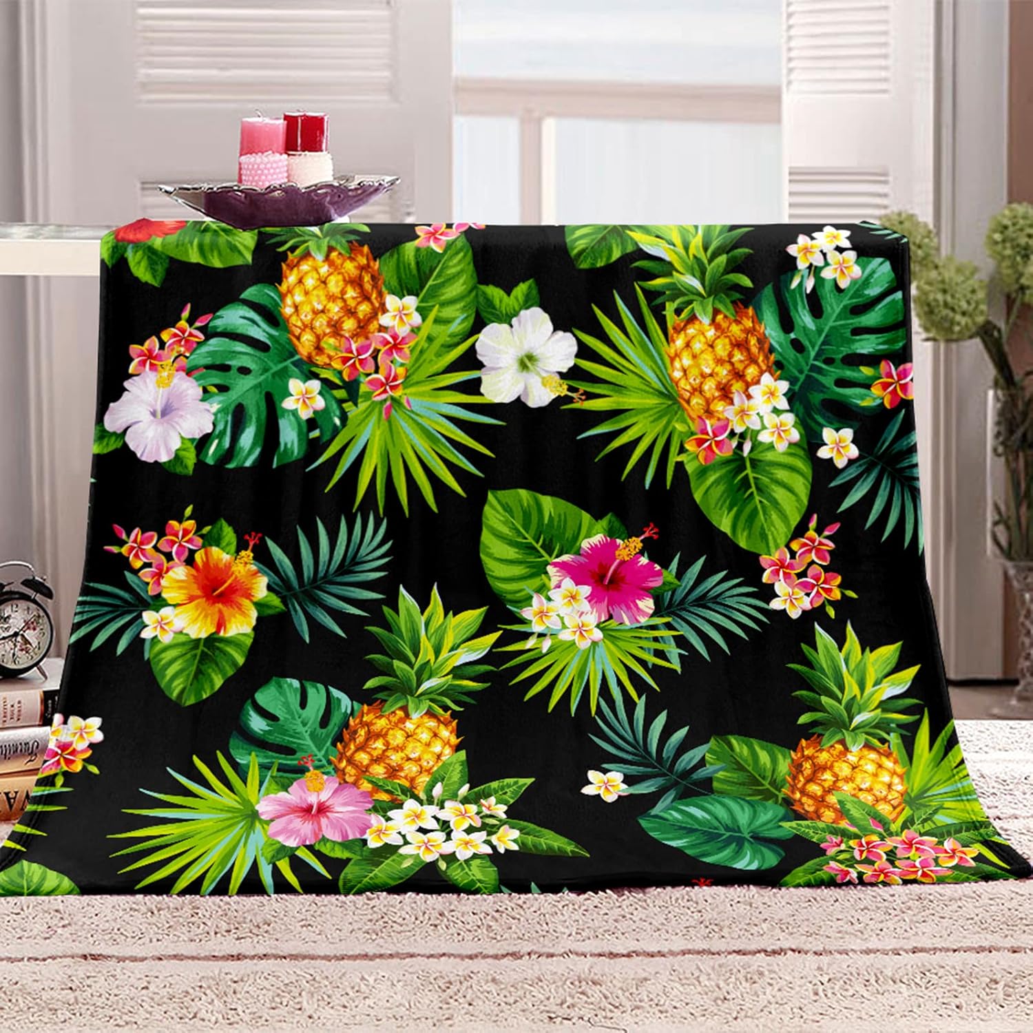 Wesan Manta floral de piña para cumpleaños para mujeres, niños y niñas, coloridas flores tropicales y hojas, manta de follaje para dormitorio,