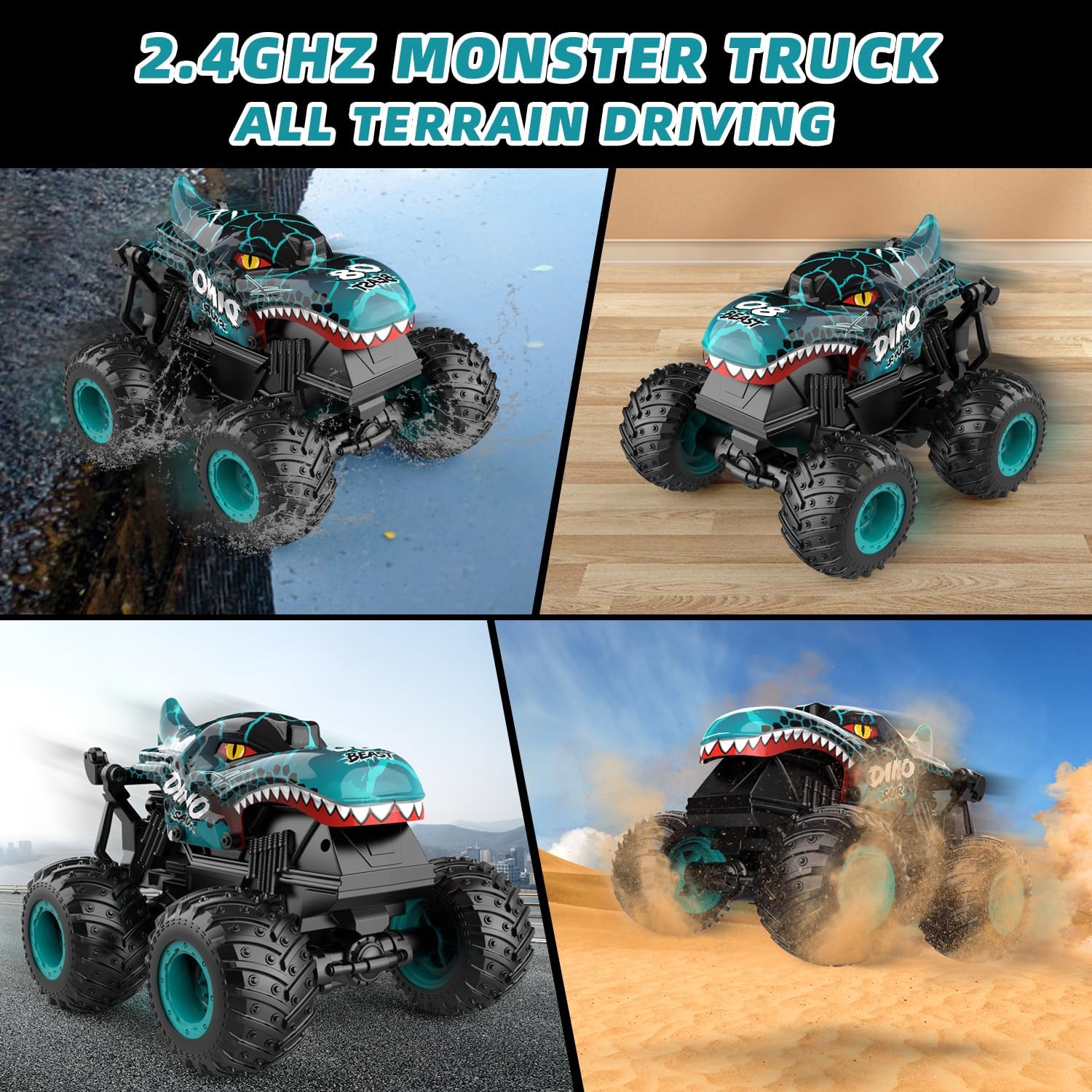 Monster Truck Toys, 2.4Ghz RC Monster Trucks para niños, 120 dinosaurio RC coches con luz y música, camión de control remoto con acrobacia, giro de