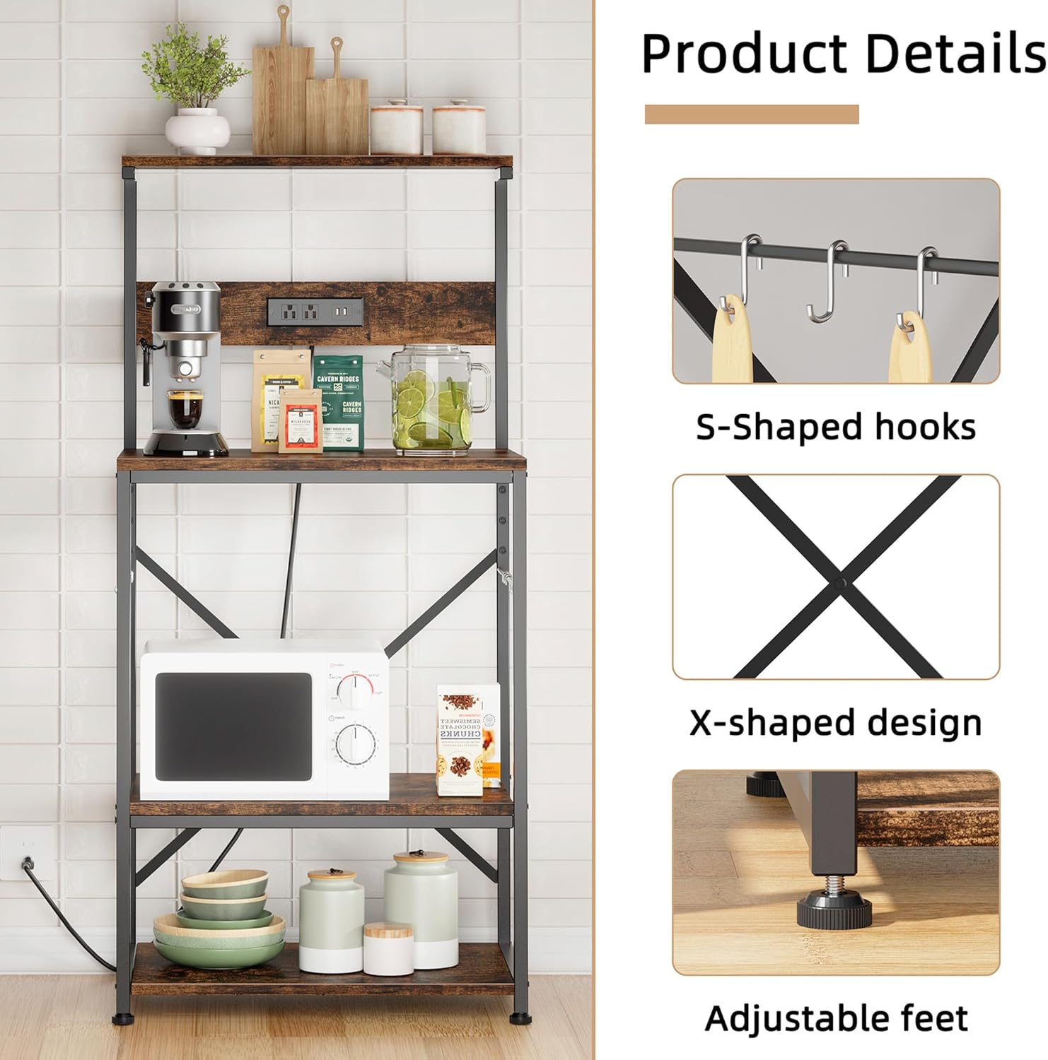 JAMFLY Estante para hornear de cocina con toma de corriente, soporte para microondas con 6 ganchos en forma de S, barra de café de 4 niveles para