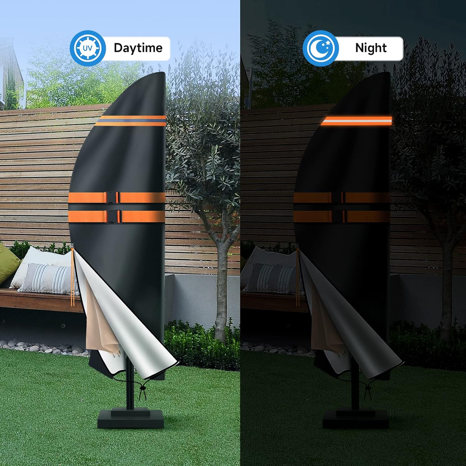 NEVERLAND Funda para paraguas de tela Oxford para sombrilla de patio al aire libre con tira de brillo nocturno, fundas impermeables para sombrilla