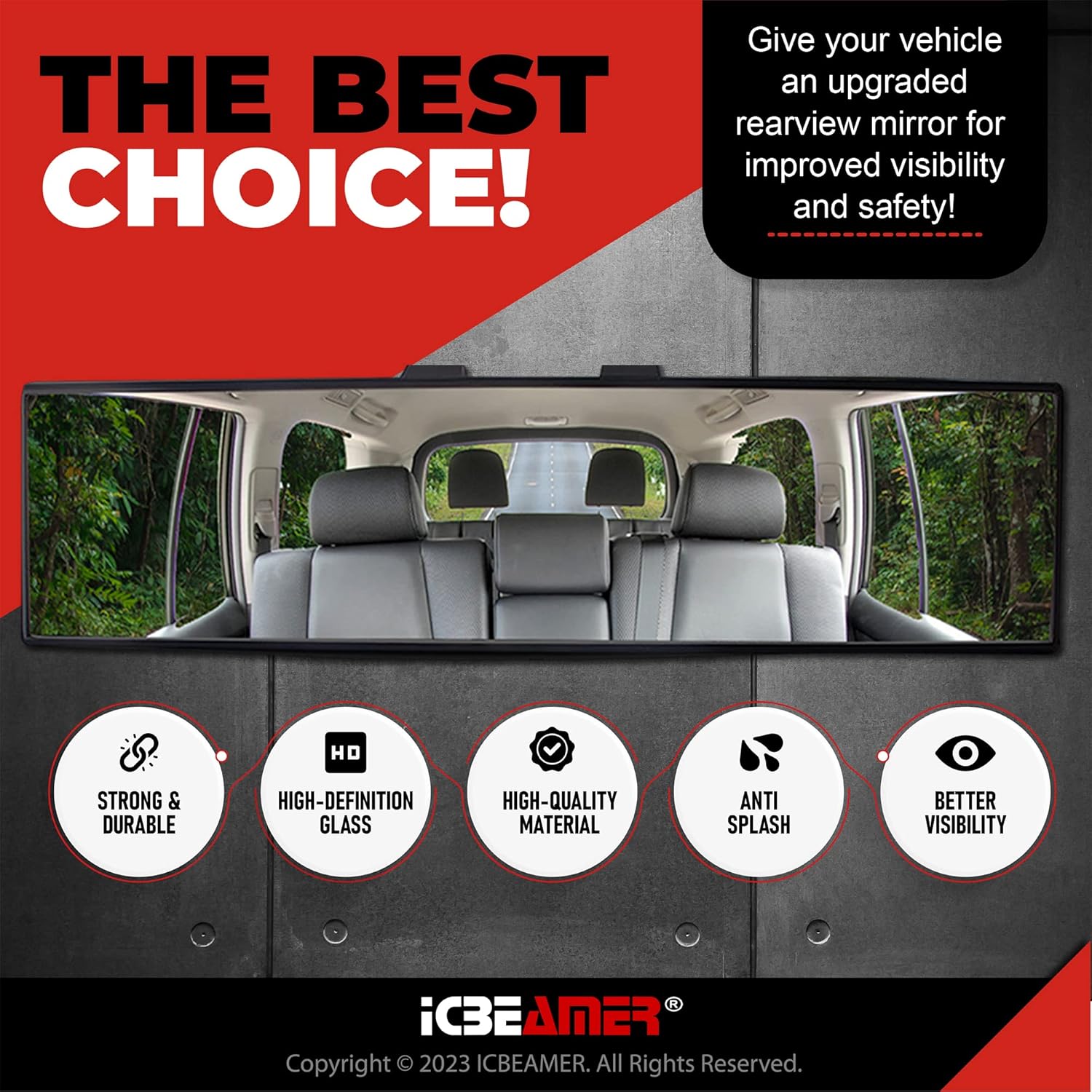 ICBEAMER – Espejo retrovisor interior convexo para automóvil, con un amplio ángulo panorámico, para puntos ciegos, fácil de enganchar de 14.2