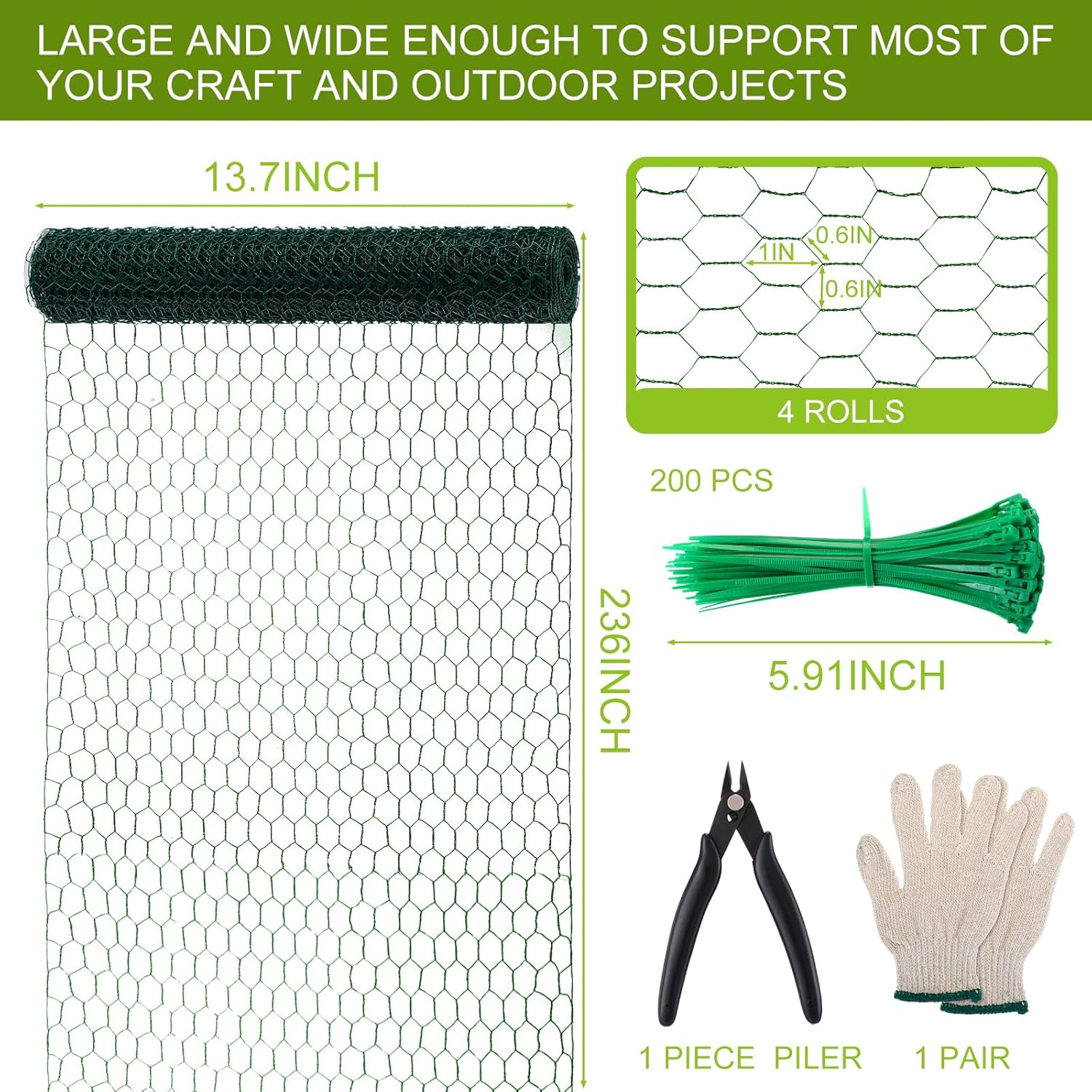 4 rollos de alambre de pollo de 13.7 x 236 pulgadas, malla de alambre floral hexagonal galvanizado floral con alicates, guantes protectores, bridas