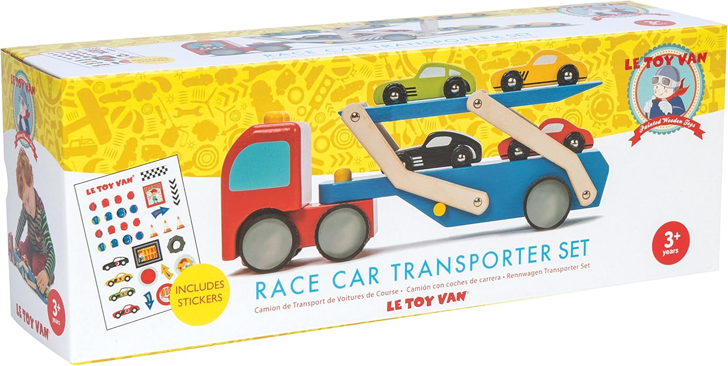 Le Toy Van Motores, aviones y garajes, juego de transportador de autos de carreras, juguetes de madera de primera calidad para niños a partir de 3