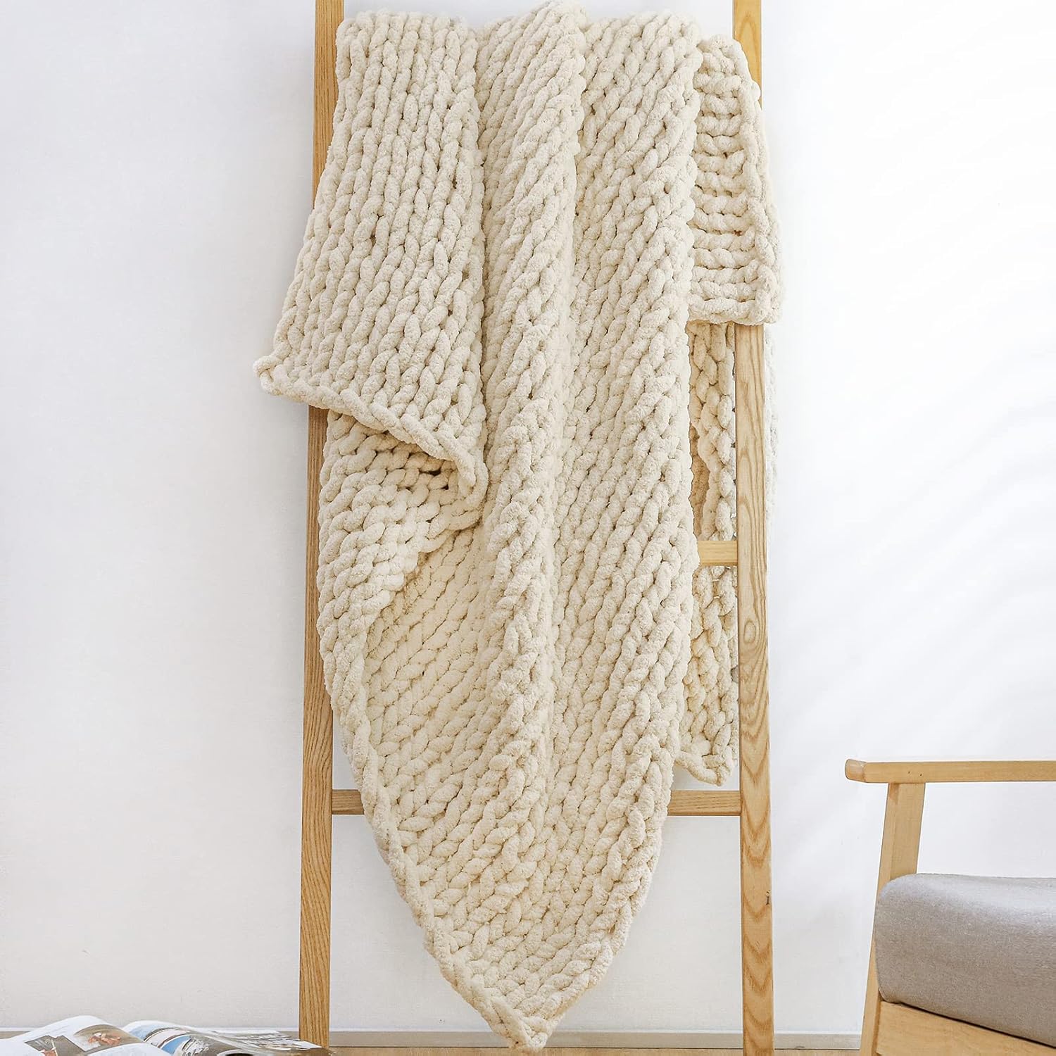 YAAPSU Manta de punto grueso de 60 x 80 pulgadas, manta de felpilla suave jumbo, manta 100% tejida a mano para sofá y cama, manta de punto trenzado