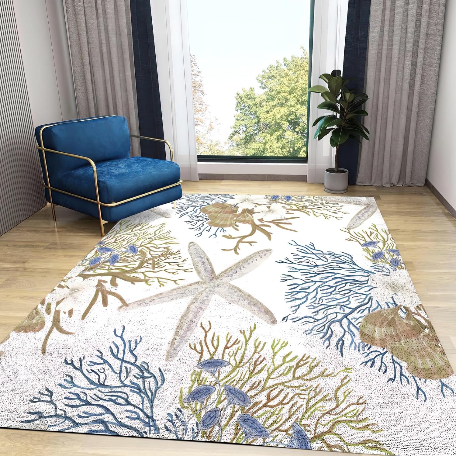 Alfombra de área con diseño de estrella de mar, diseño de playa costera y océano, antideslizante, resistente a las manchas, suave, lavable a
