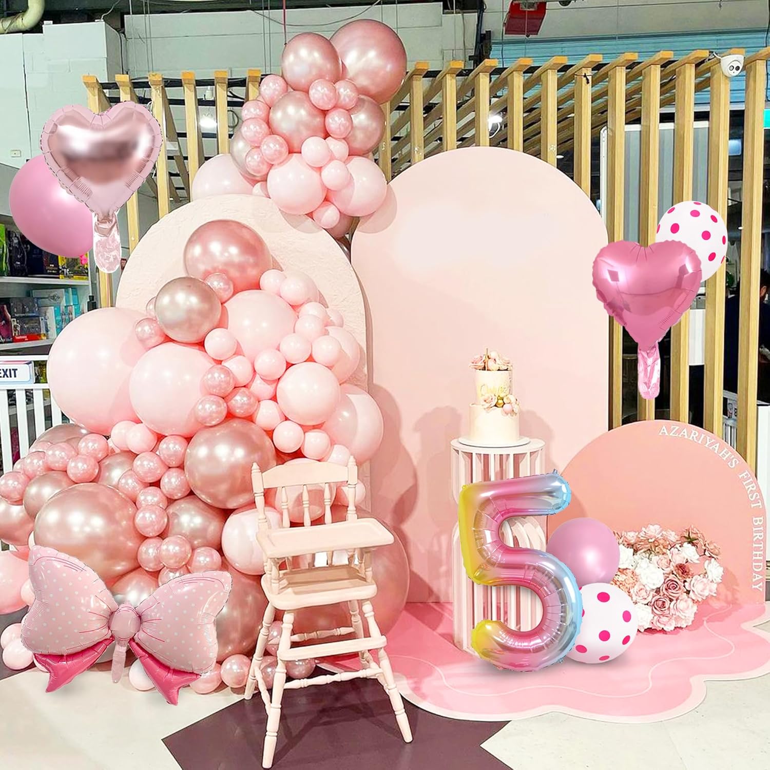 14 globos de fiesta de ratón, con lazo rosa, globos metálicos de papel de aluminio rosa intenso, incluye globo de cumpleaños del número 5, arco