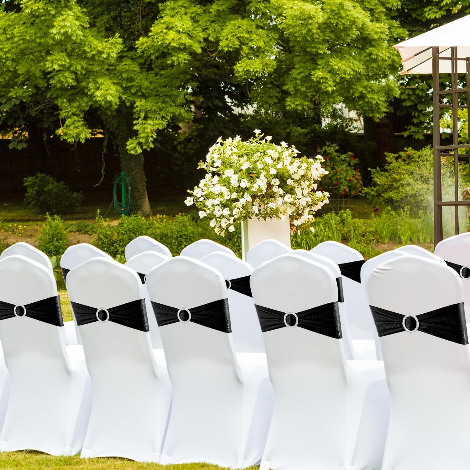 Bandas negras para silla, paquete de 25 bandas elásticas de elastano con hebillas para sillas plegables, bodas, fiestas, recepciones, baby shower,