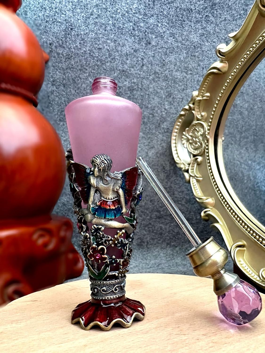 Botellas de perfume de vidrio vacías vintage biseladas ángel, colibrí, flor decorativa, botella de perfume de cristal de lujo, recargable (0.8 fl