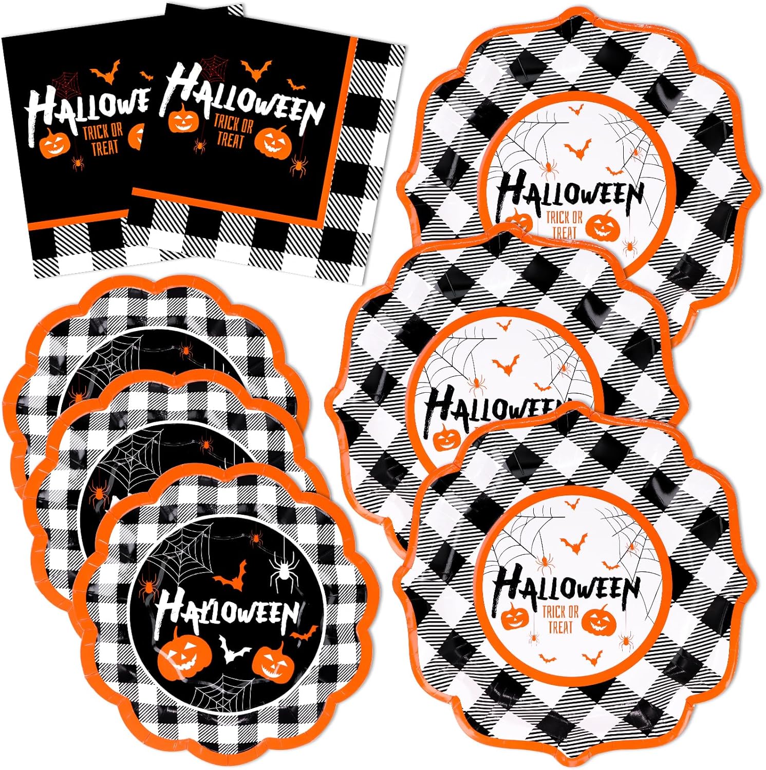 DYLIVeS Juego de platos y servilletas para fiesta de Halloween, 150 piezas de vajilla de calabaza y murciélagos a cuadros de Halloween, suministros