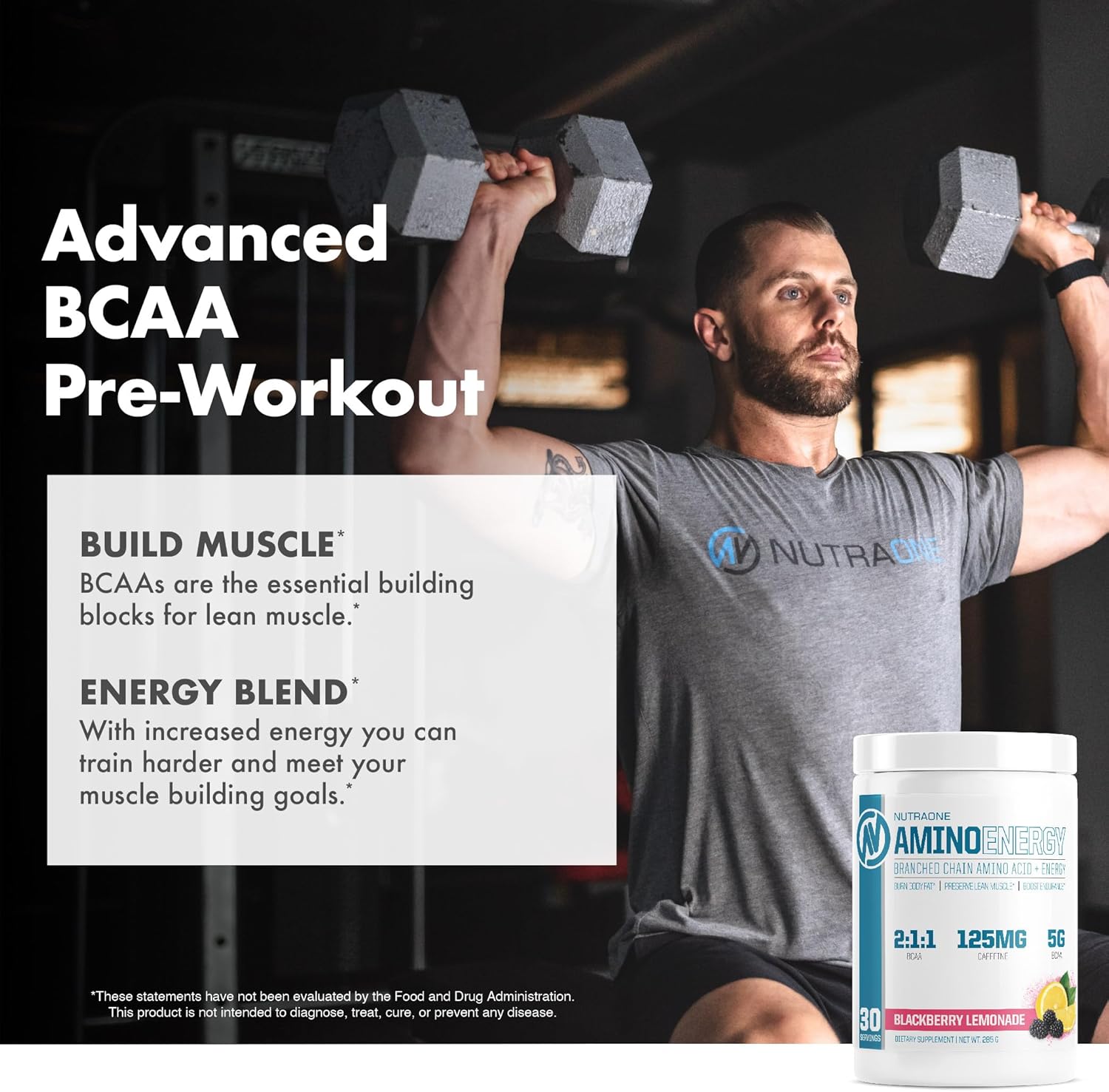 NutraOne Amino Energy BCAA – Suplemento en polvo para pre-entrenamiento con aminoácidos de cadena ramificada de cafeína para ayudar a alimentar y