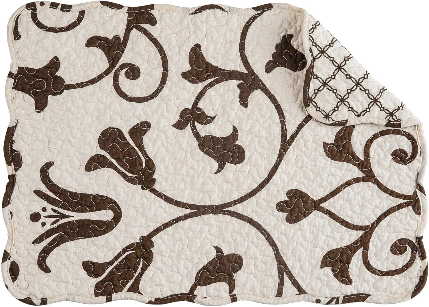 C&F Home Sophia – Juego de 6 manteles individuales acolchados de algodón, reversibles, lavables a máquina, 6 bordes festoneados, enrejado marrón,