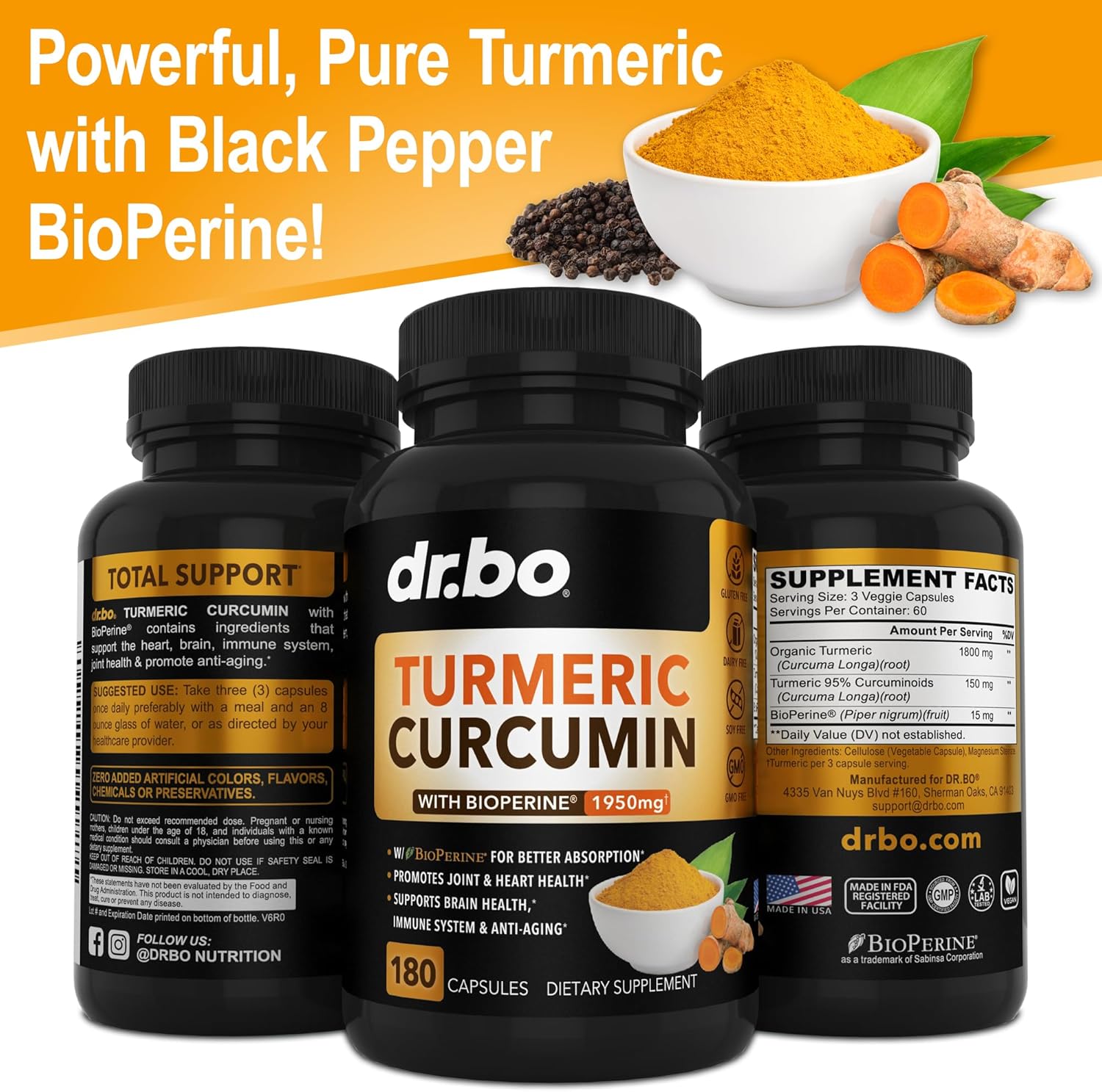Curcumina de cúrcuma con cápsulas de suplemento BioPerine, suplementos naturales de apoyo articular con 1950 mg de cúrcuma Longa Pure Organic