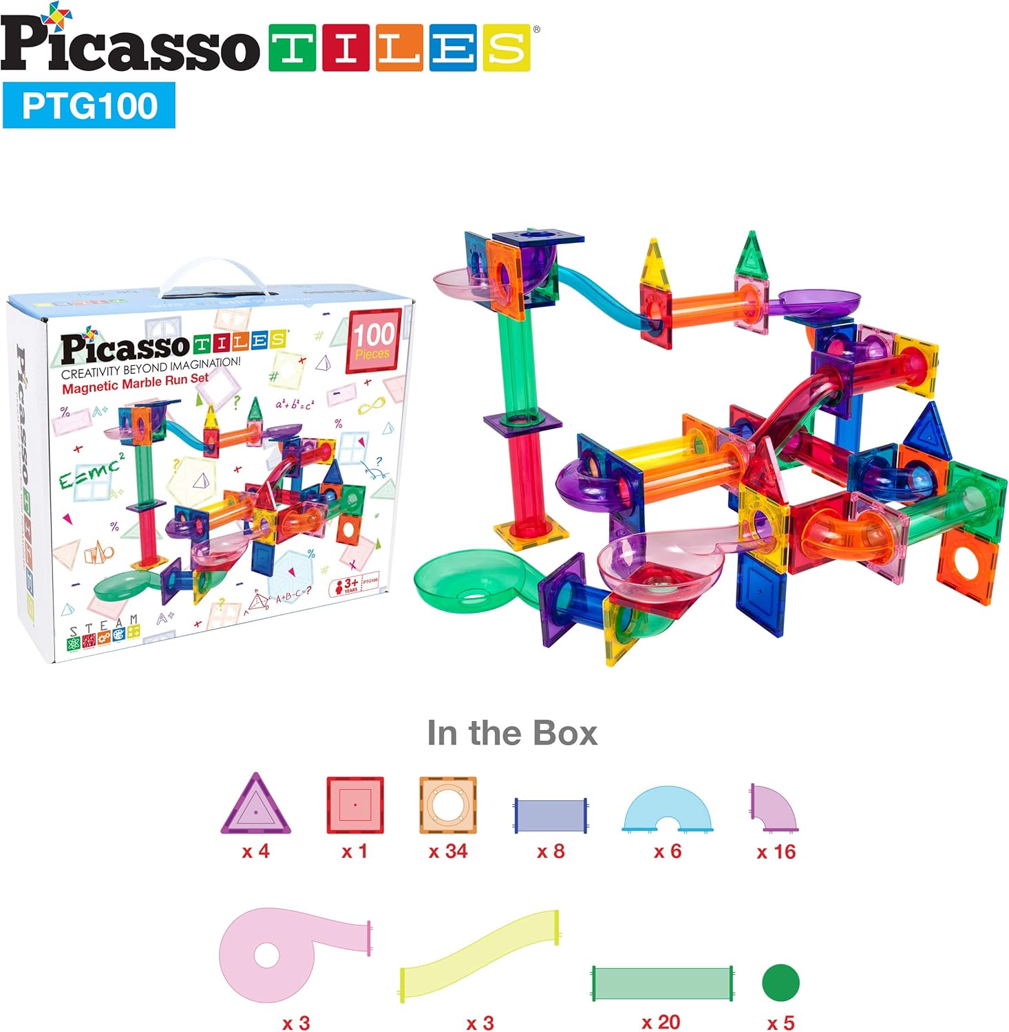 PicassoTiles Paquete de 100 piezas de pista de carreras de canicas + estuche de transporte juego educativo STEAM para niños, incluye organizador de