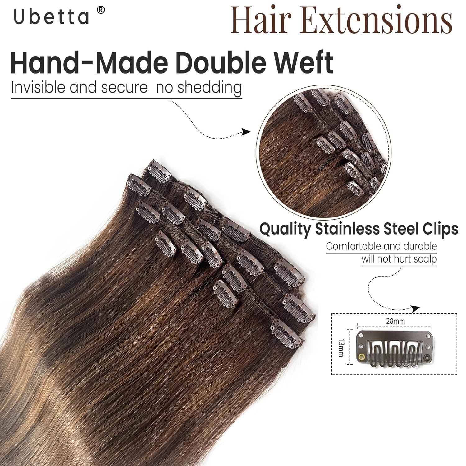 Extensiones de cabello humano real con clip, de 12 pulgadas, 7 unidades, color marrón oscuro, balayage, color marrón ceniza, extensiones de cabello