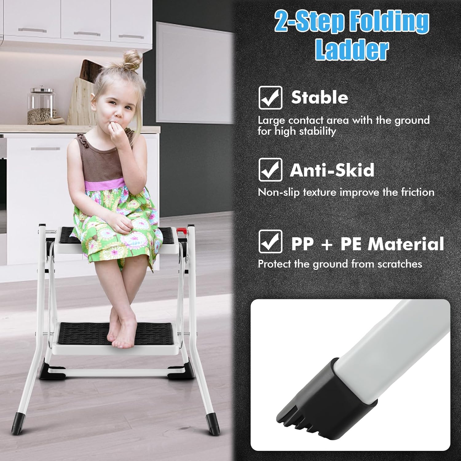 Safstar – Escalera plegable de 2 escalones, taburete ligero con pedal antideslizante, almohadillas y asa, marco de metal resistente, capacidad de