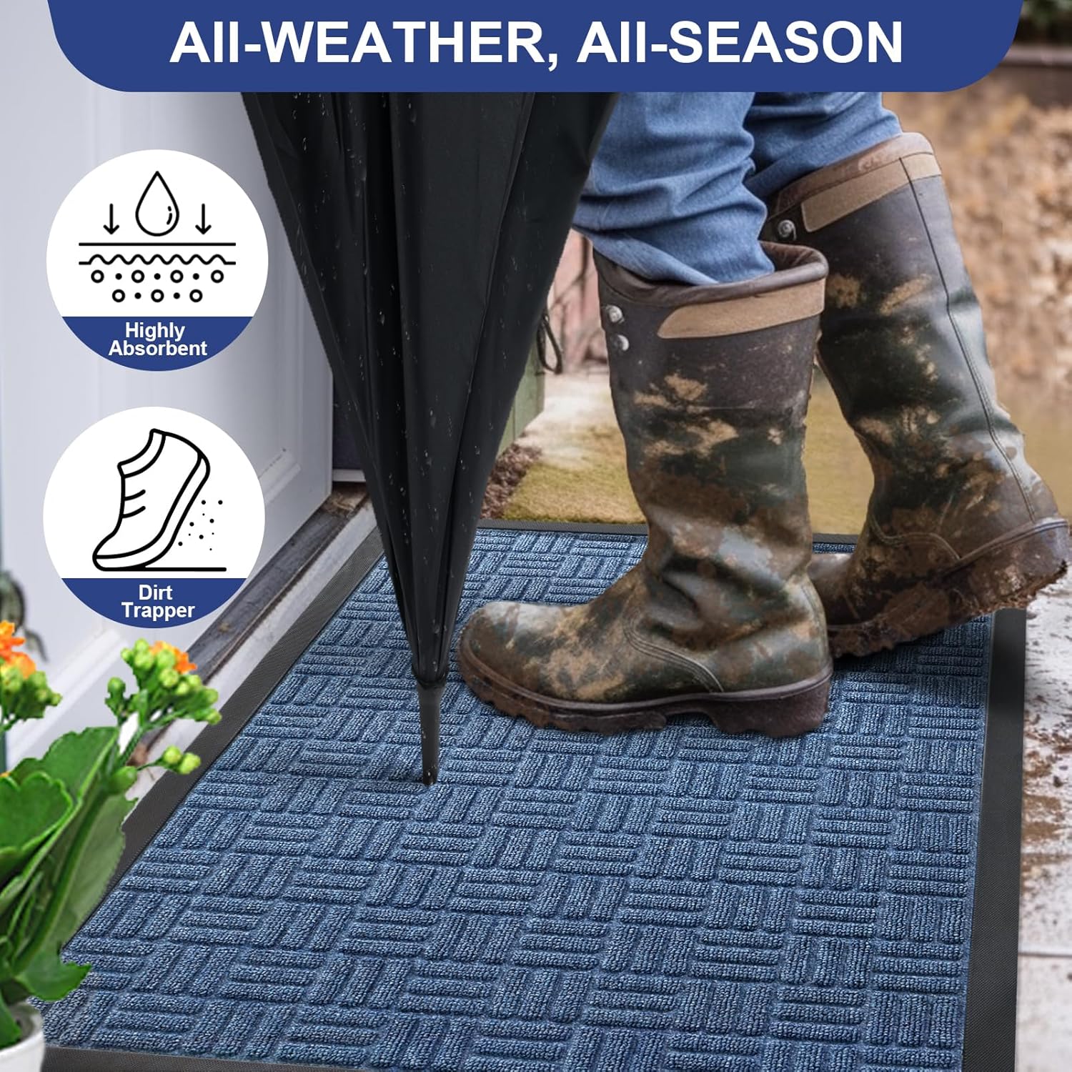 Mibao Tapete para puerta delantera, resistente y duradero, tapete de bienvenida para interiores y exteriores, atrapador de suciedad, impermeable,