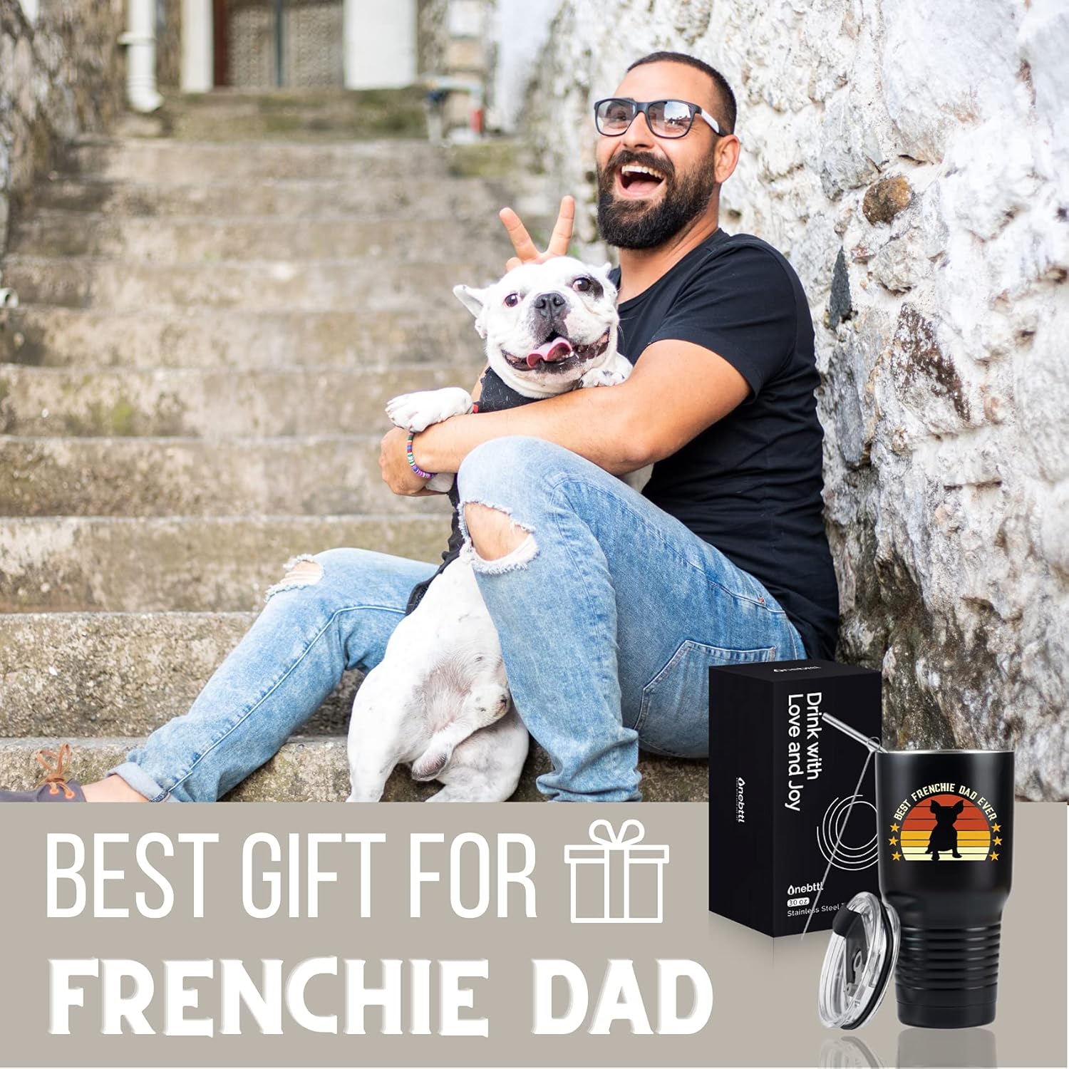 Onebttl Regalos de bulldog francés, regalos franceses, taza de viaje negra de 30 onzas, vaso aislado – Frenchie Dad
