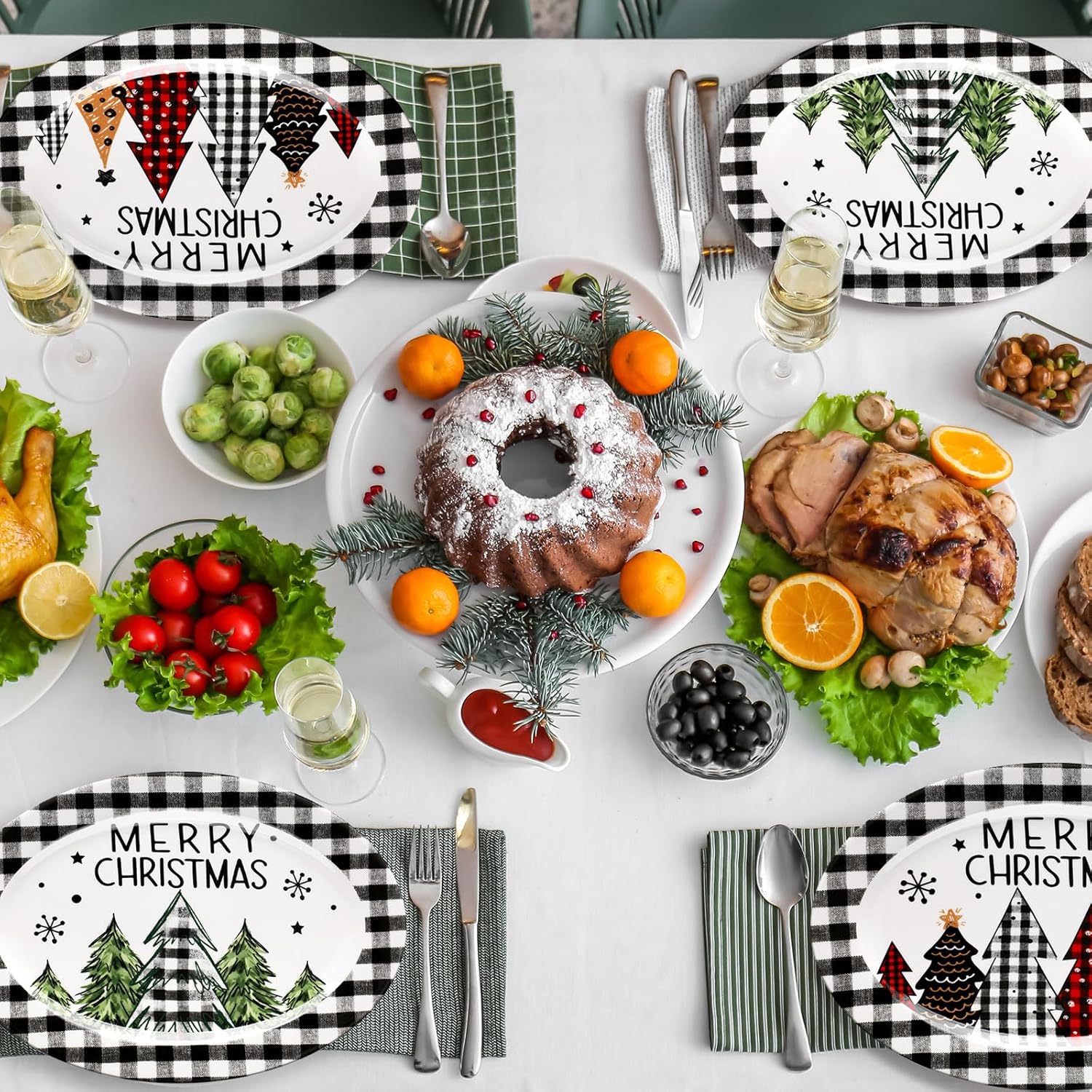 Kigley 2 platos ovalados de cerámica para árbol de Navidad, platos decorativos de búfalo blanco y negro, platos decorativos para árboles de Navidad